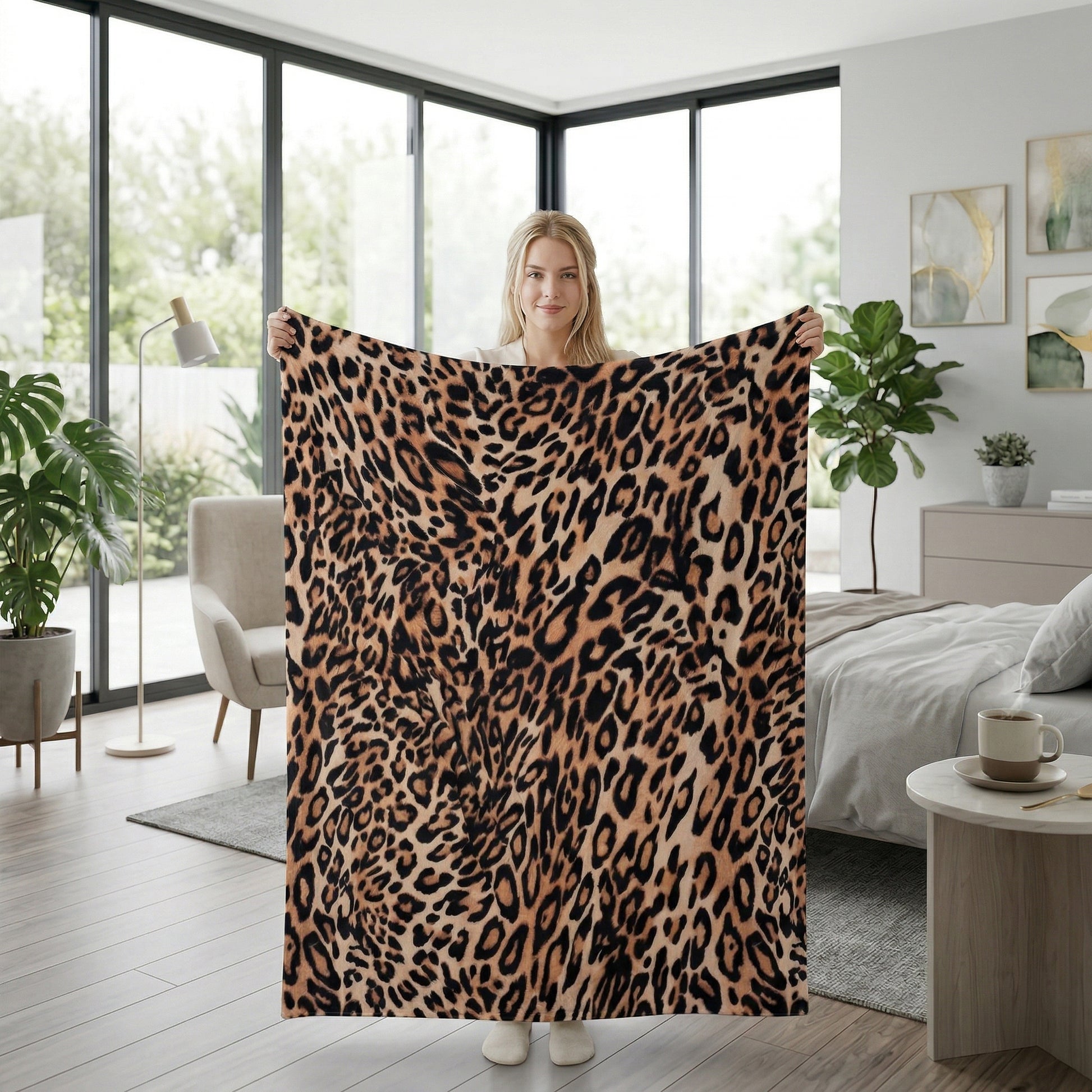 Blonde woman holding a large, soft flannel animal print blanket with brown and black leopard spots in a modern bedroom.