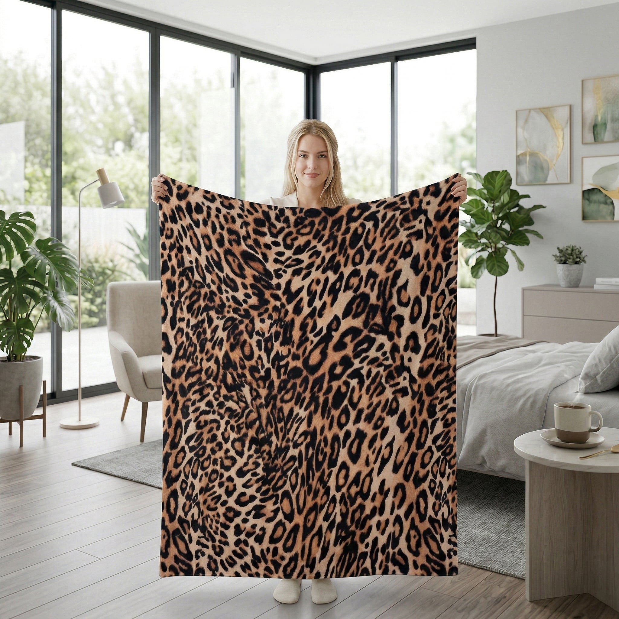 Blonde woman holding a large, soft flannel animal print blanket with brown and black leopard spots in a modern bedroom.