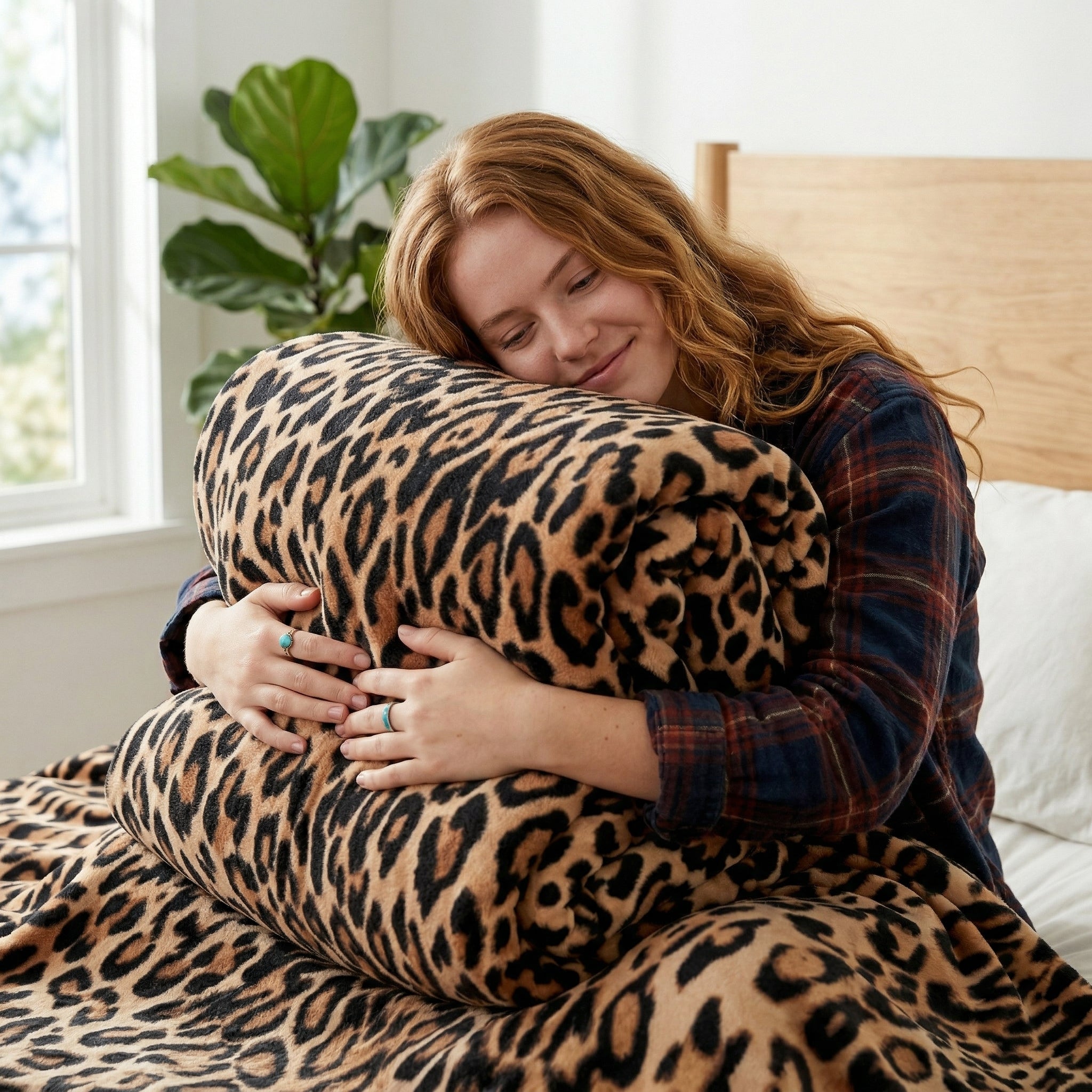 Cozy woman hugging a soft, rolled animal print flannel blanket with a leopard pattern.