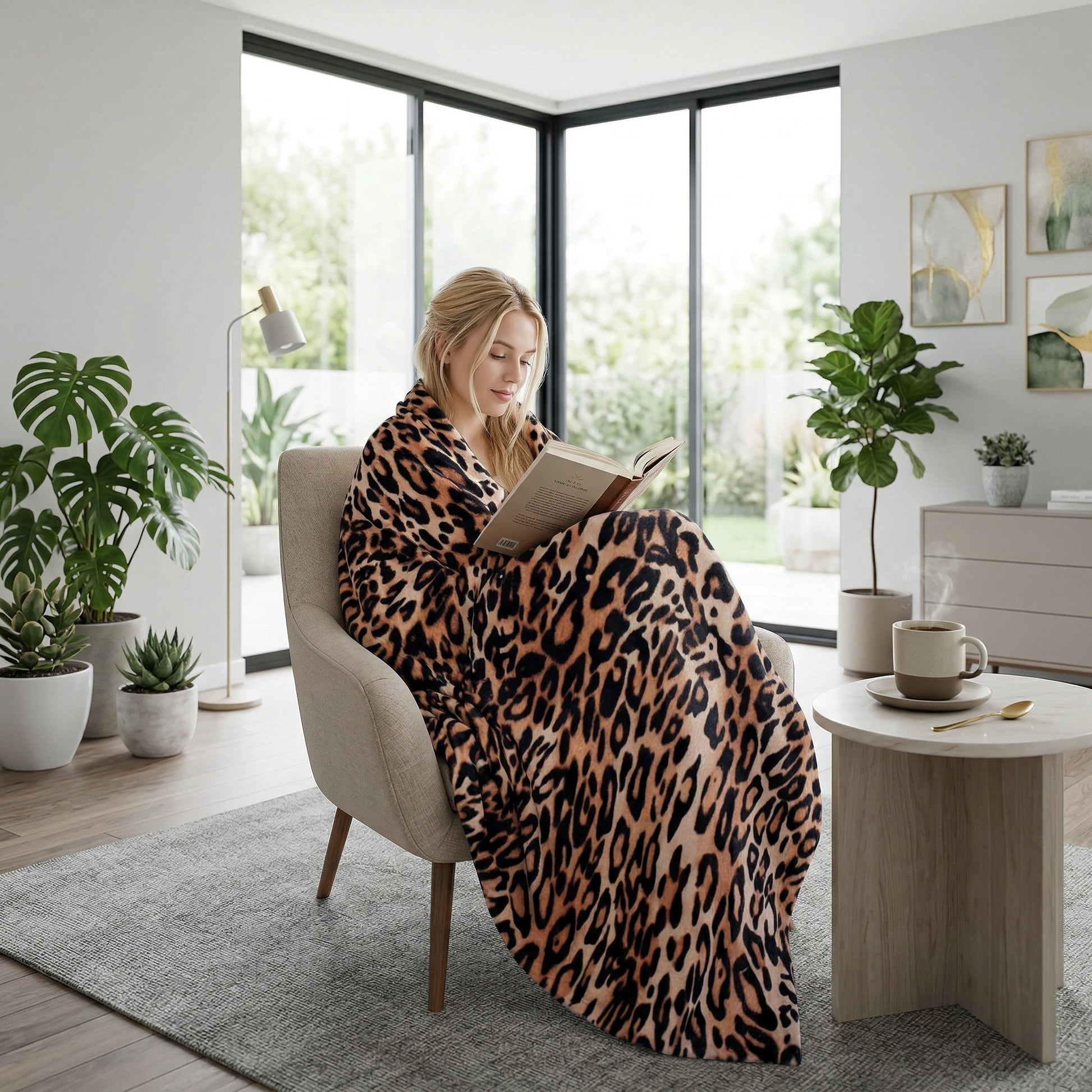 Blonde woman wrapped in a soft, brown and black leopard print flannel blanket, reading in a modern living room.
