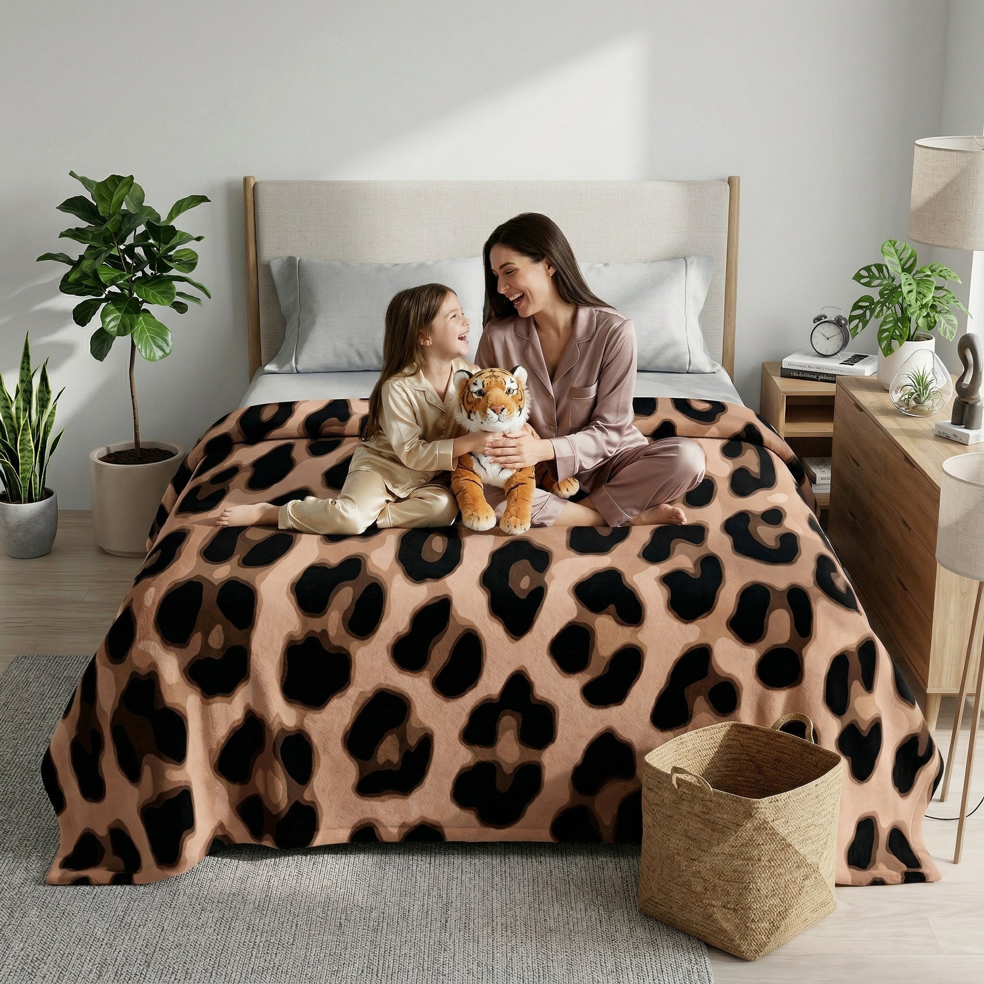 Mother and child on a bed with a soft, brown and black leopard print flannel blanket.