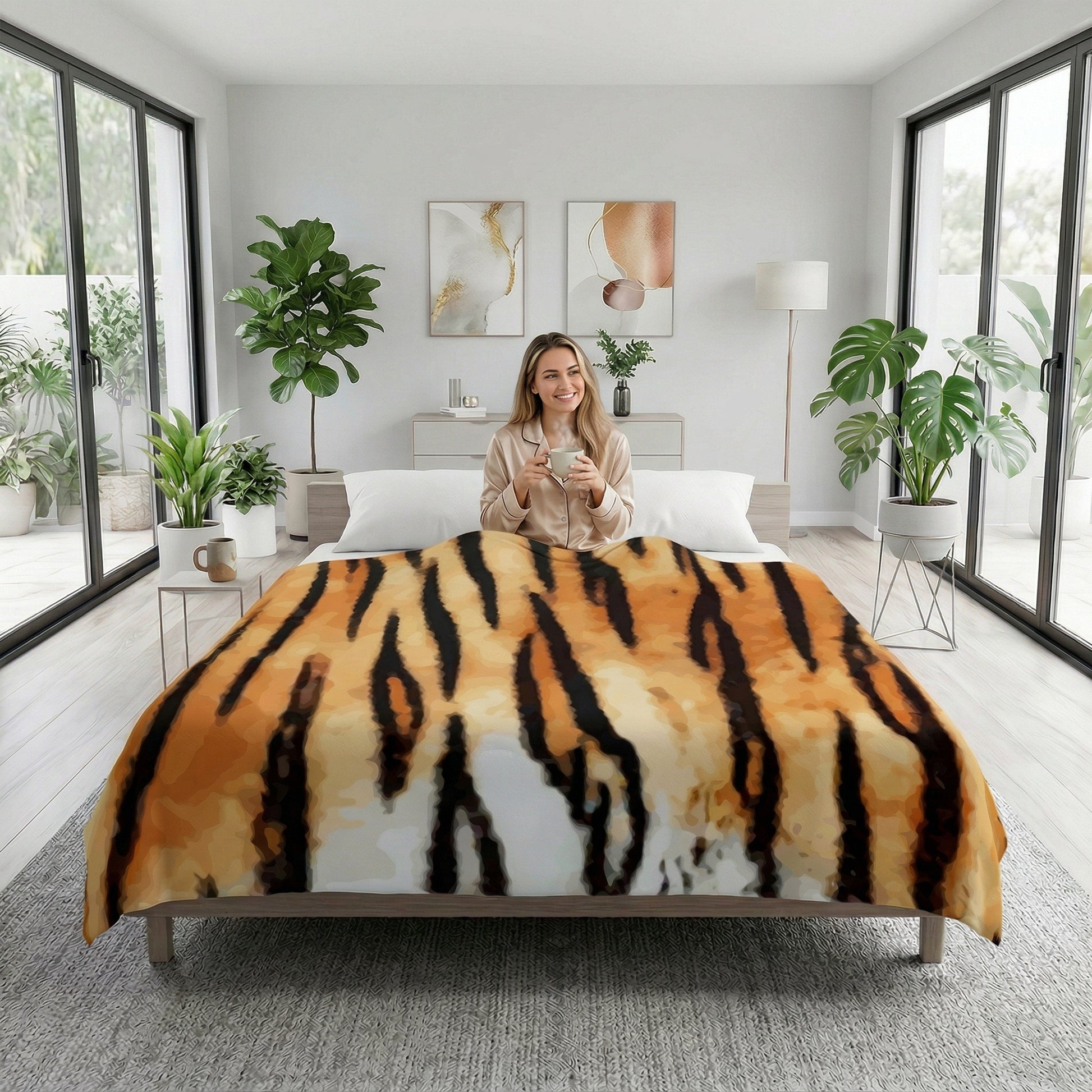 Cozy flannel blanket with a realistic orange and black tiger print, draped over a bed in a bright room.