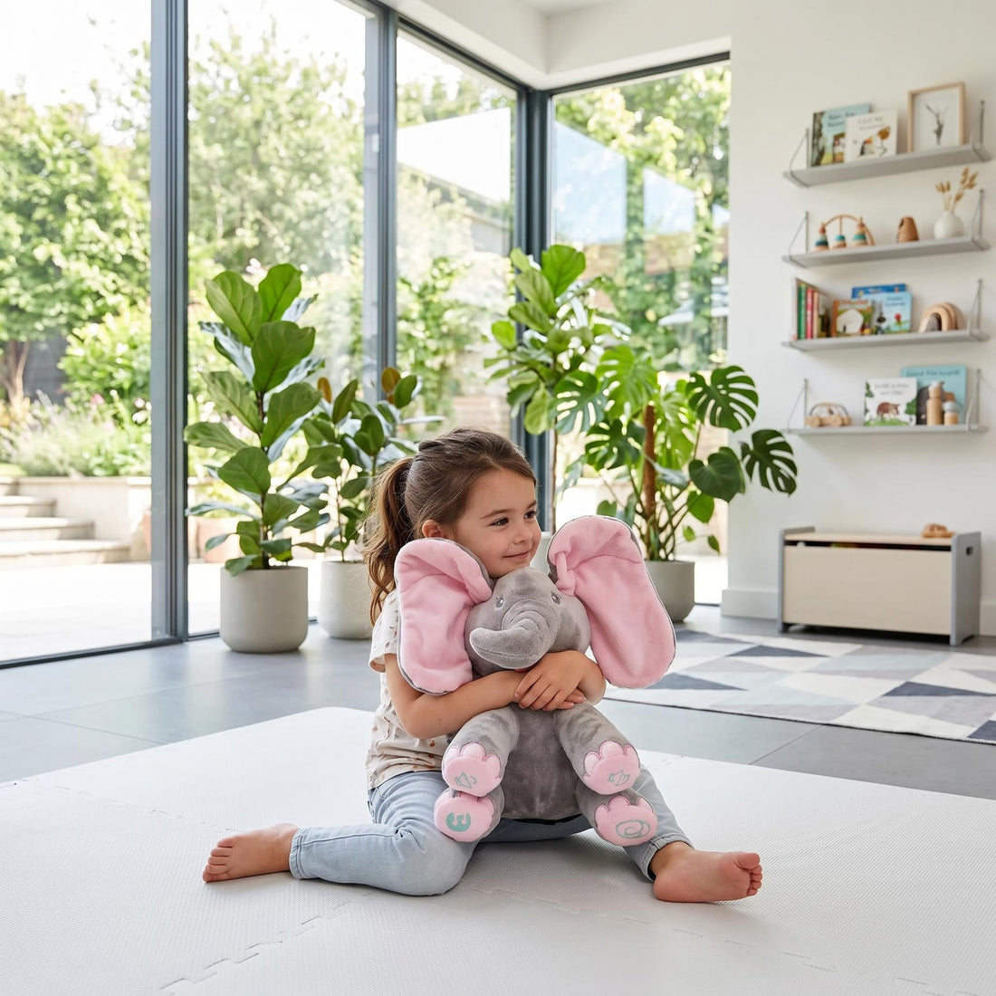 Young girl hugging a soft, grey animated elephant plush toy with large pink ears in a bright, modern nursery.