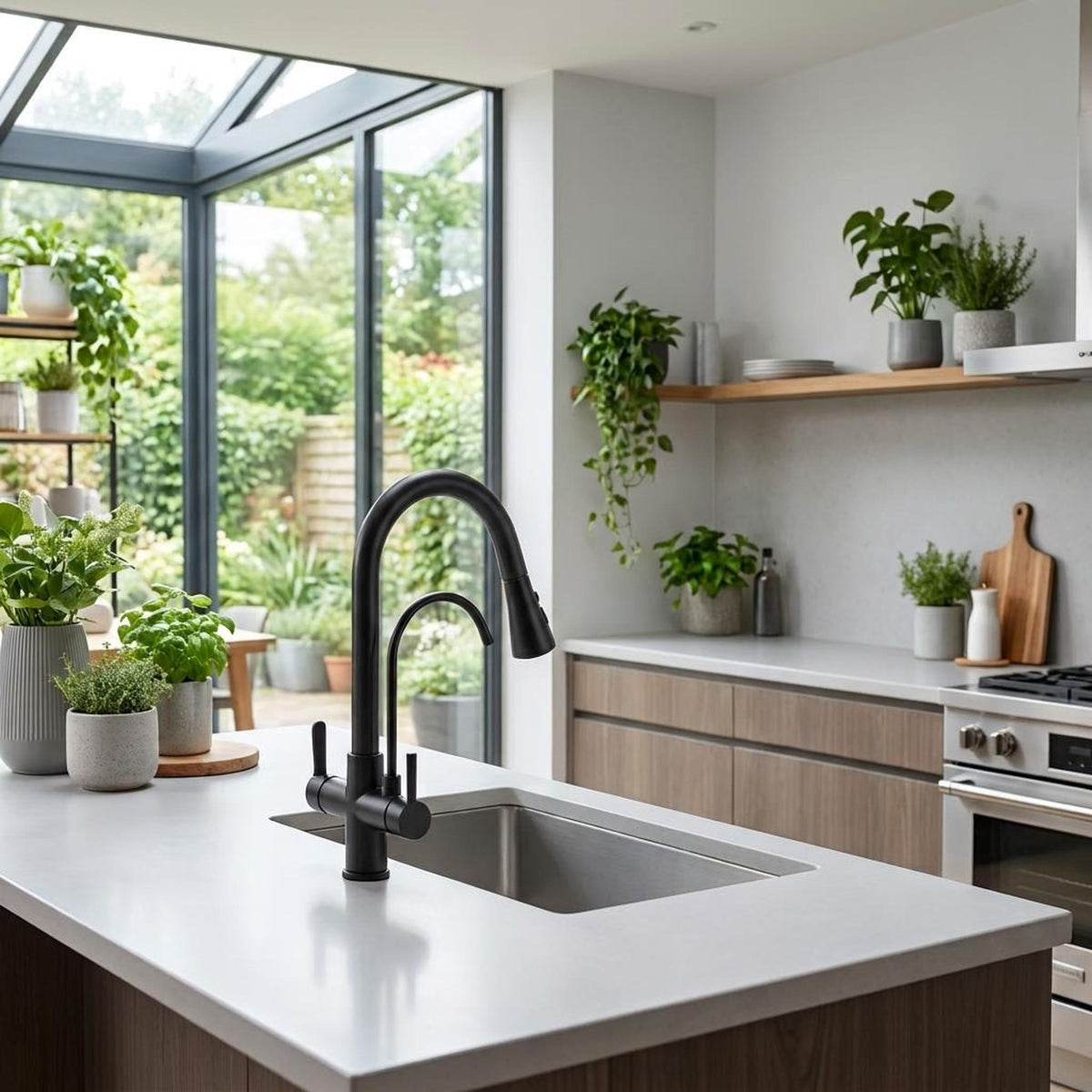Matte black kitchen faucet with a high-arc swivel spout and touch sensor, installed on a modern kitchen island sink.