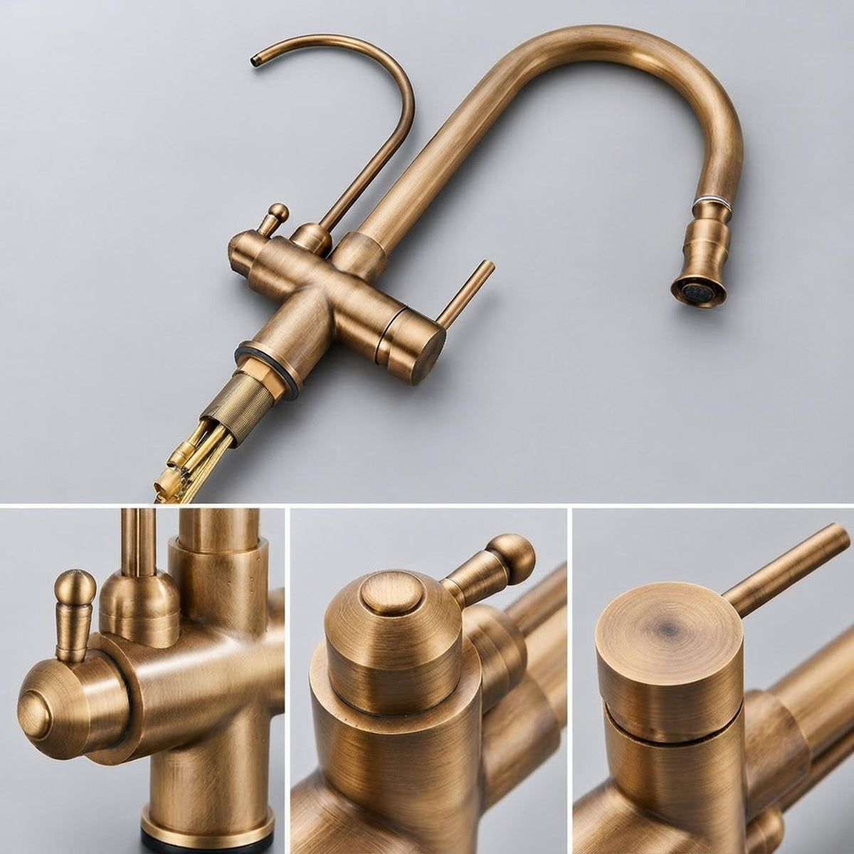 Antique brass kitchen faucet with a swivel spout, single handle, and touch sensor design in a smooth metallic finish.