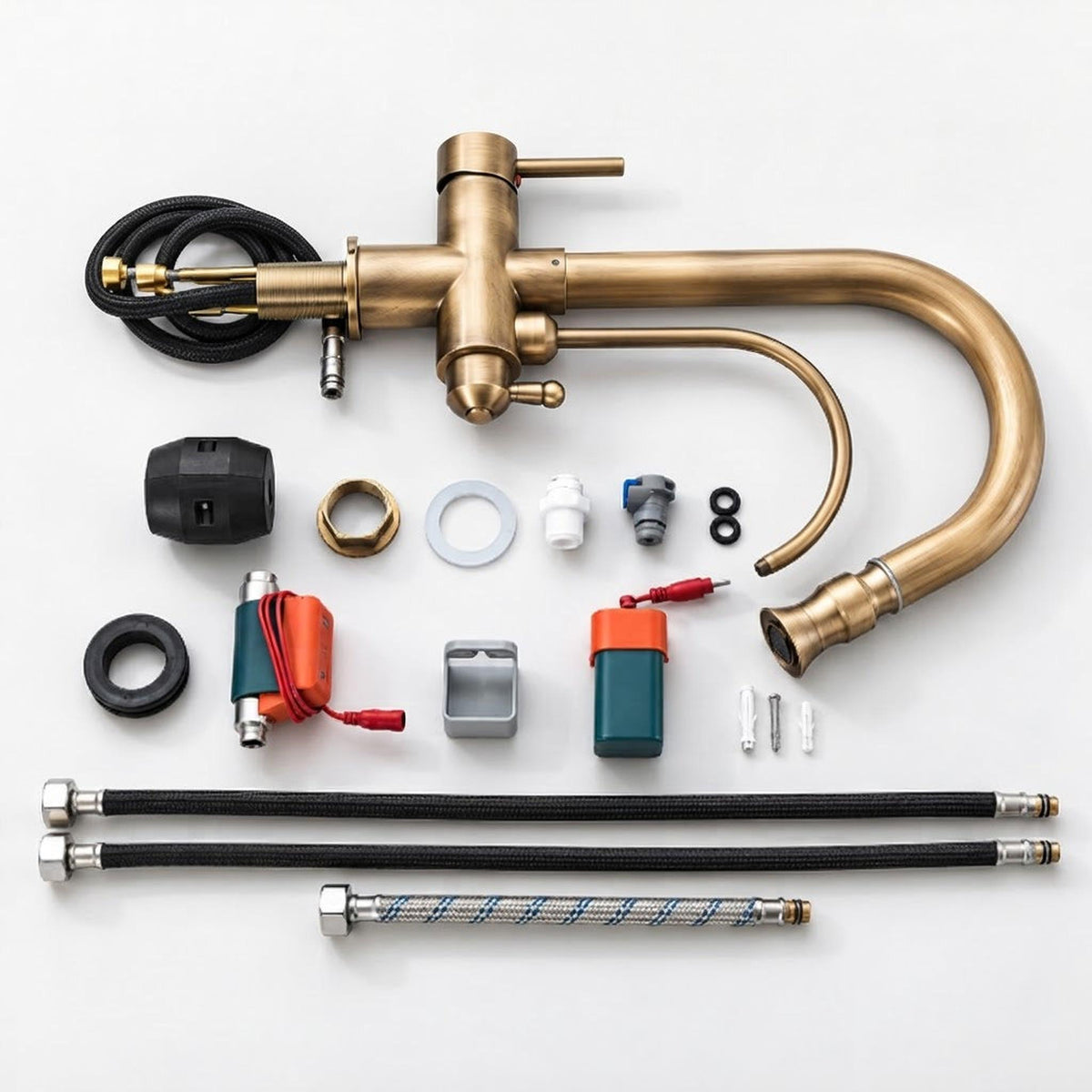 Antique brass kitchen faucet with touch sensor, swivel spout, and included installation hardware and hoses.