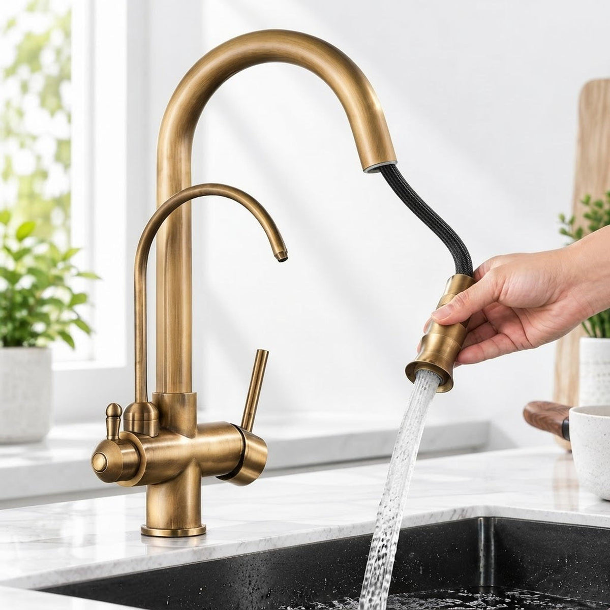 Antique brass kitchen faucet with a pull-down swivel spout, touch sensor, and single-handle control over a marble sink.