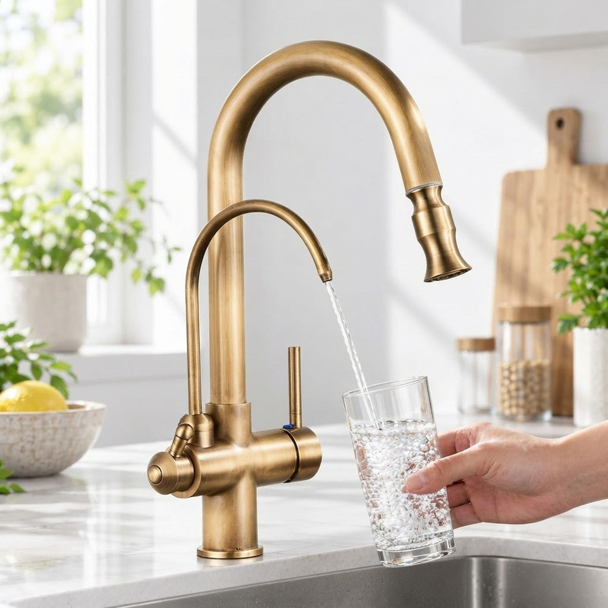 Antique brass kitchen faucet with touch sensor, swivel spout, and single handle filling a glass of water.