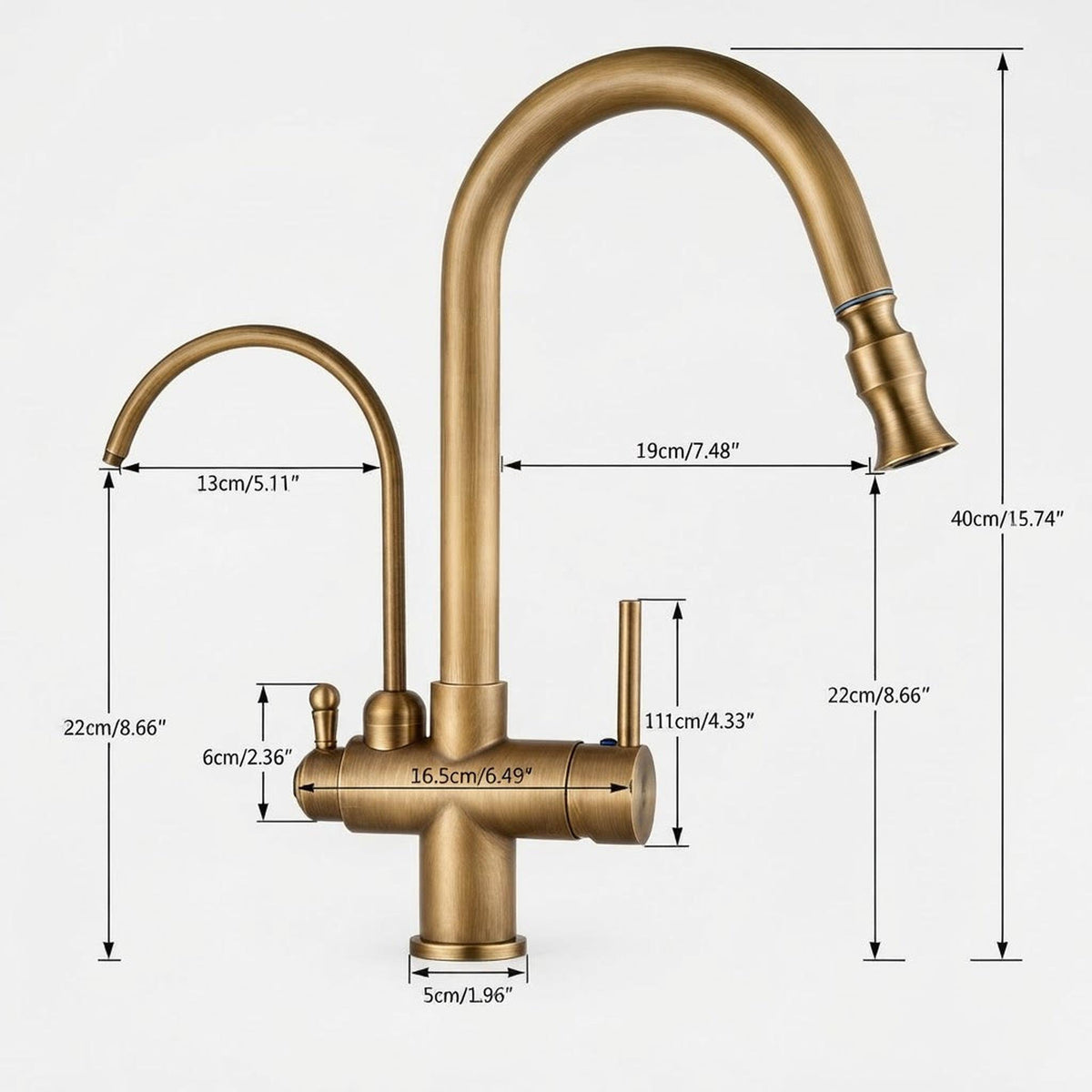Antique brass kitchen faucet with touch sensor, swivel spout, and labeled dimensions on a white background.