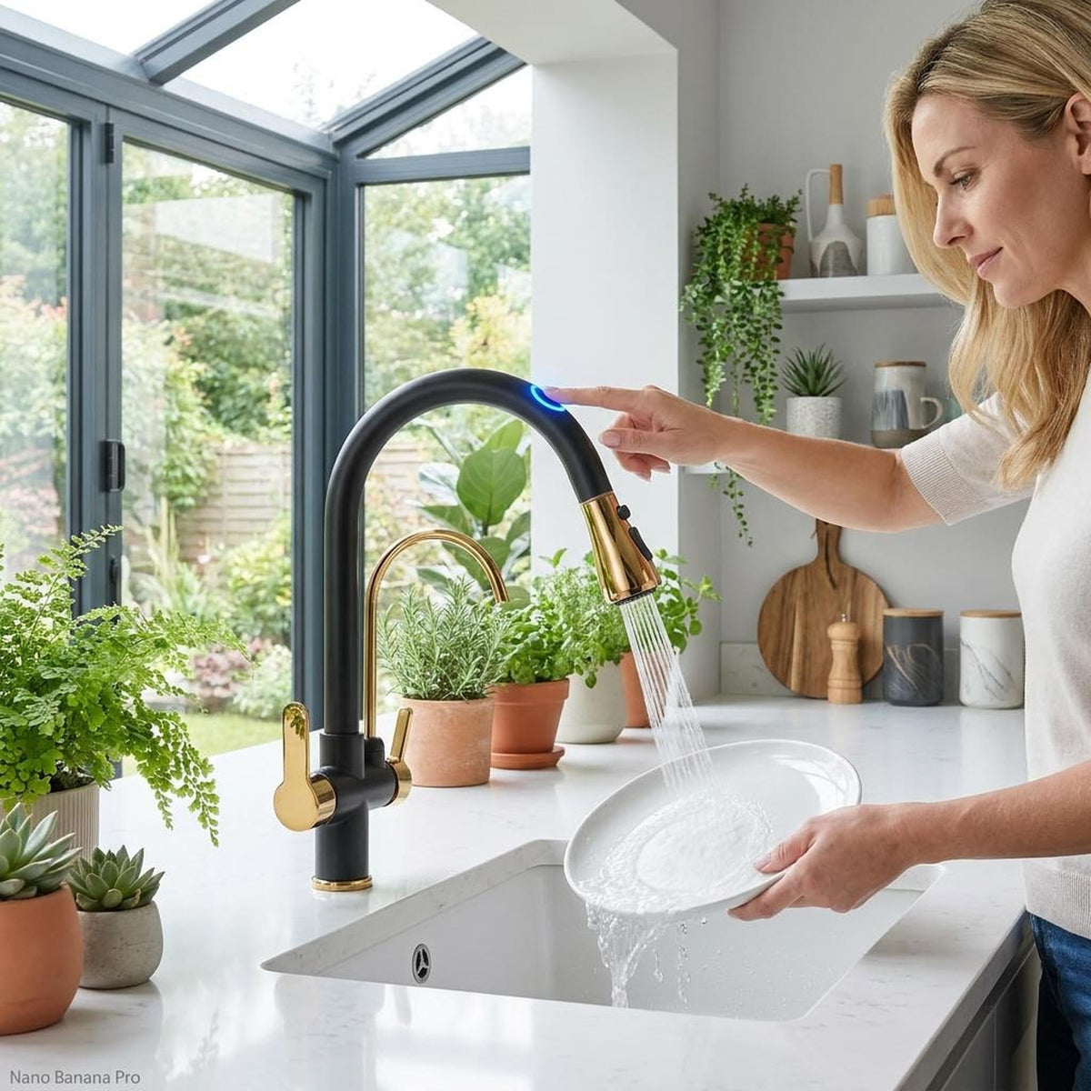 Woman using a black and antique brass touch-sensor kitchen faucet with a swivel spout to wash a plate.
