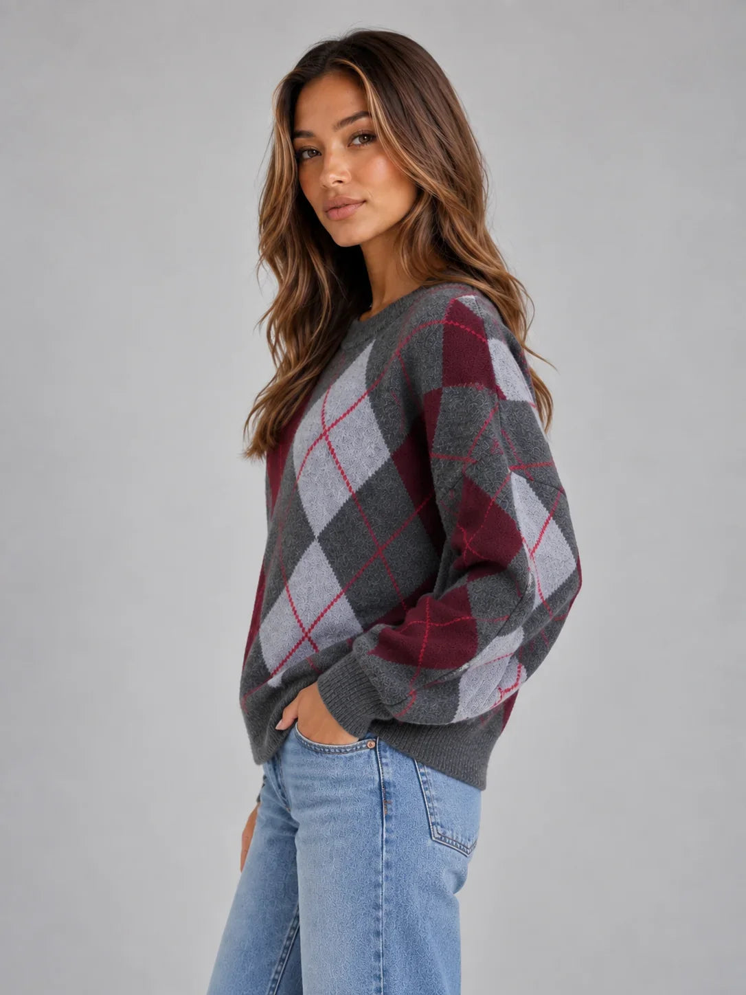 Argyle Knit Crew Neck Jumper for Women in Grey and Burgundy 1
