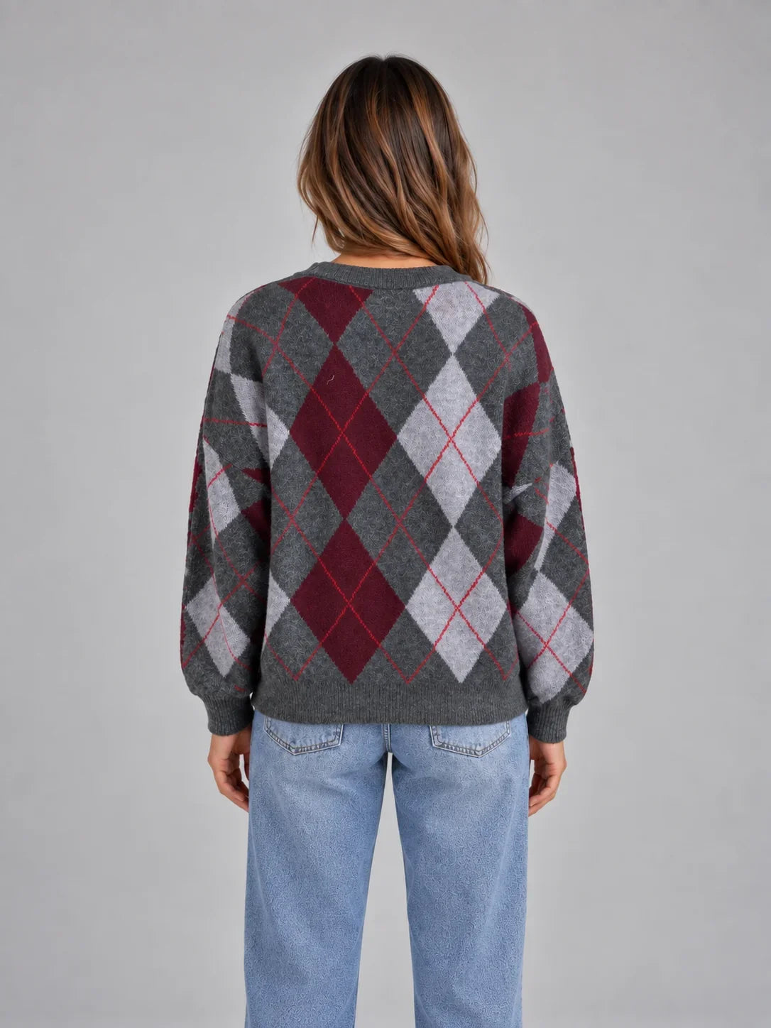 Argyle Knit Crew Neck Jumper for Women in Grey and Burgundy 2