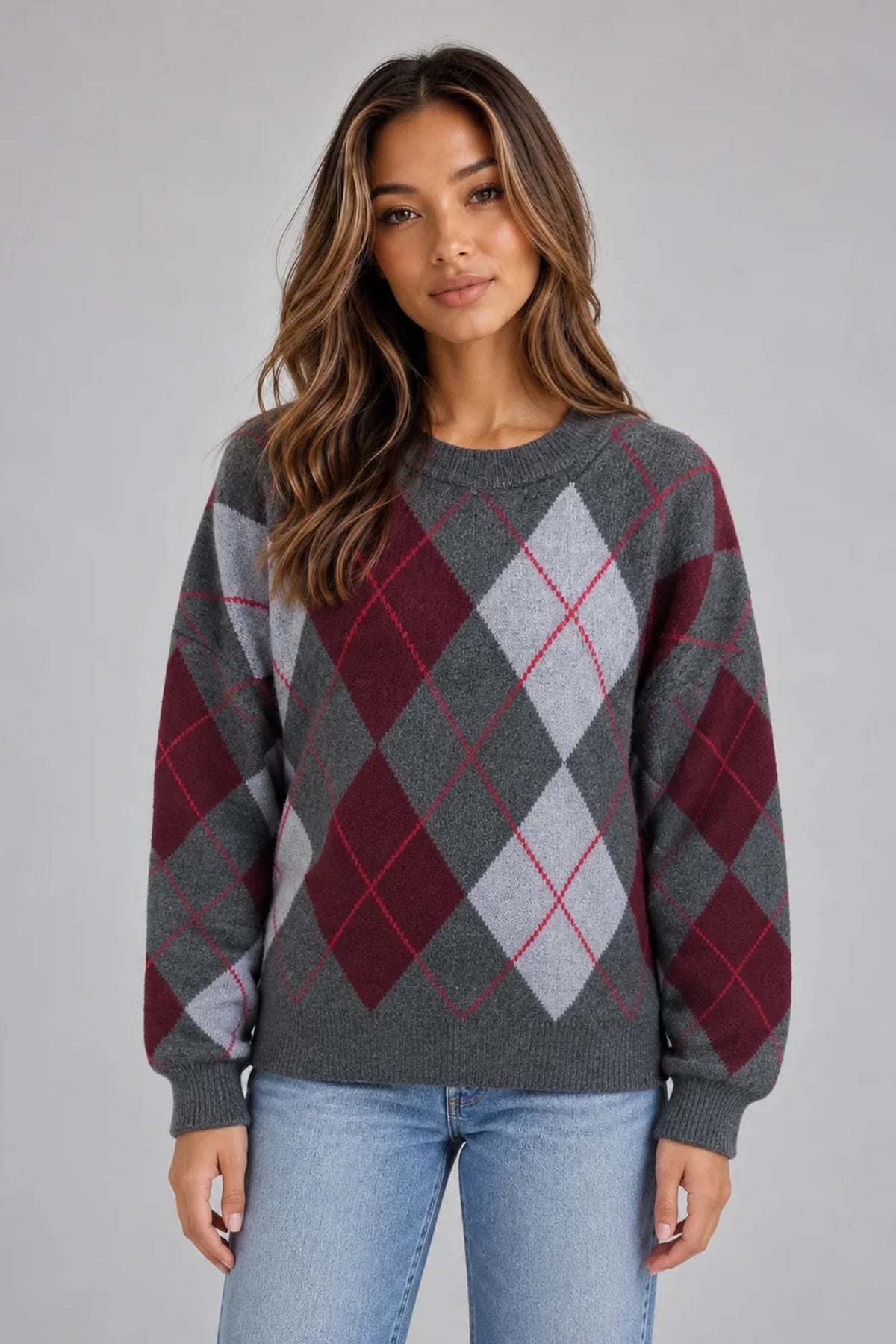 Argyle Knit Crew Neck Jumper for Women in Grey and Burgundy 0
