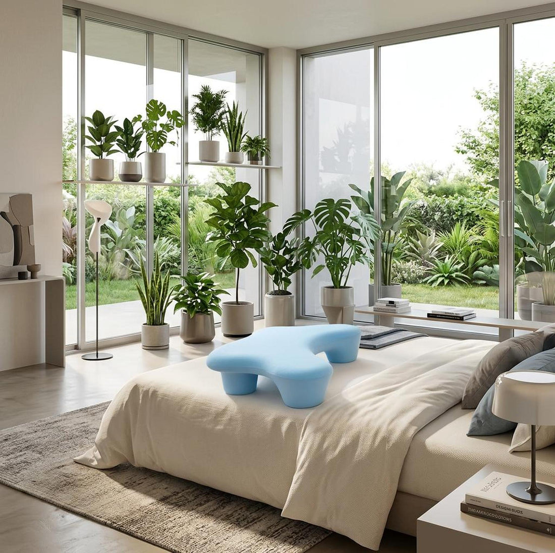Woman resting on a light blue, ergonomic arm support pillow with a smooth fabric finish on a white bed.