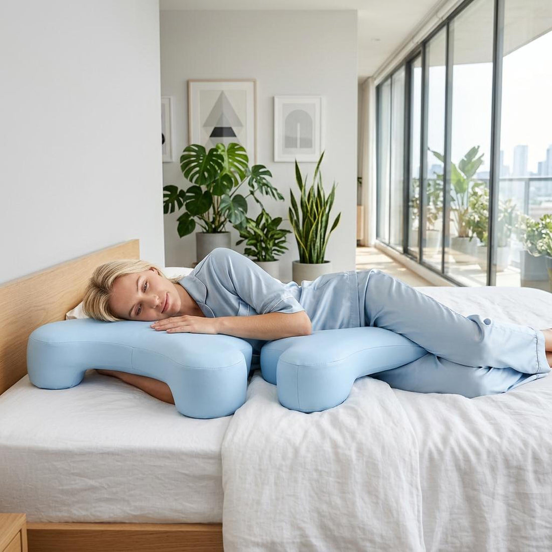 Woman resting on a light blue, ergonomic arm support pillow with a smooth fabric finish on a white bed.