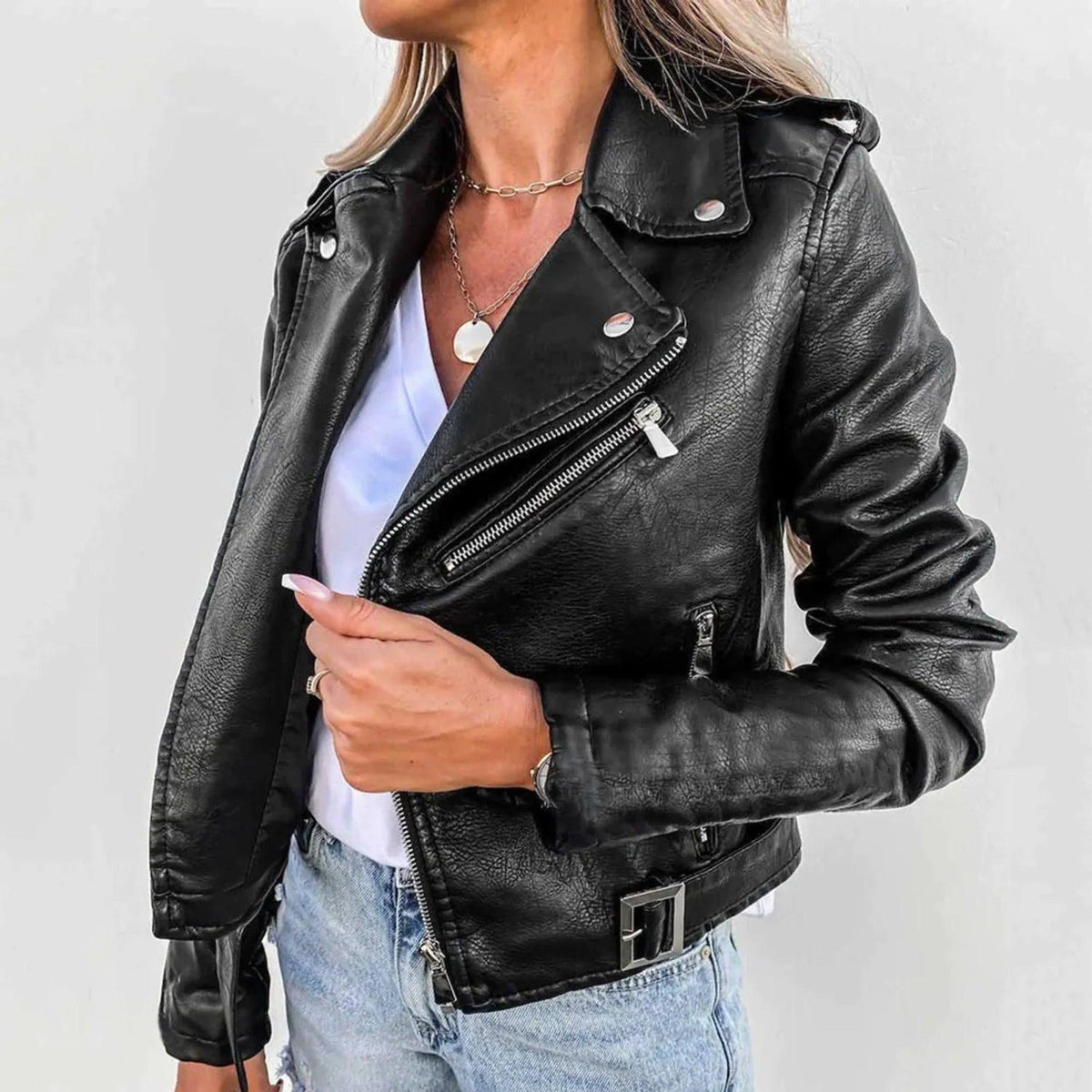 Asymmetric Zip Faux Leather Biker Jacket for Women 2
