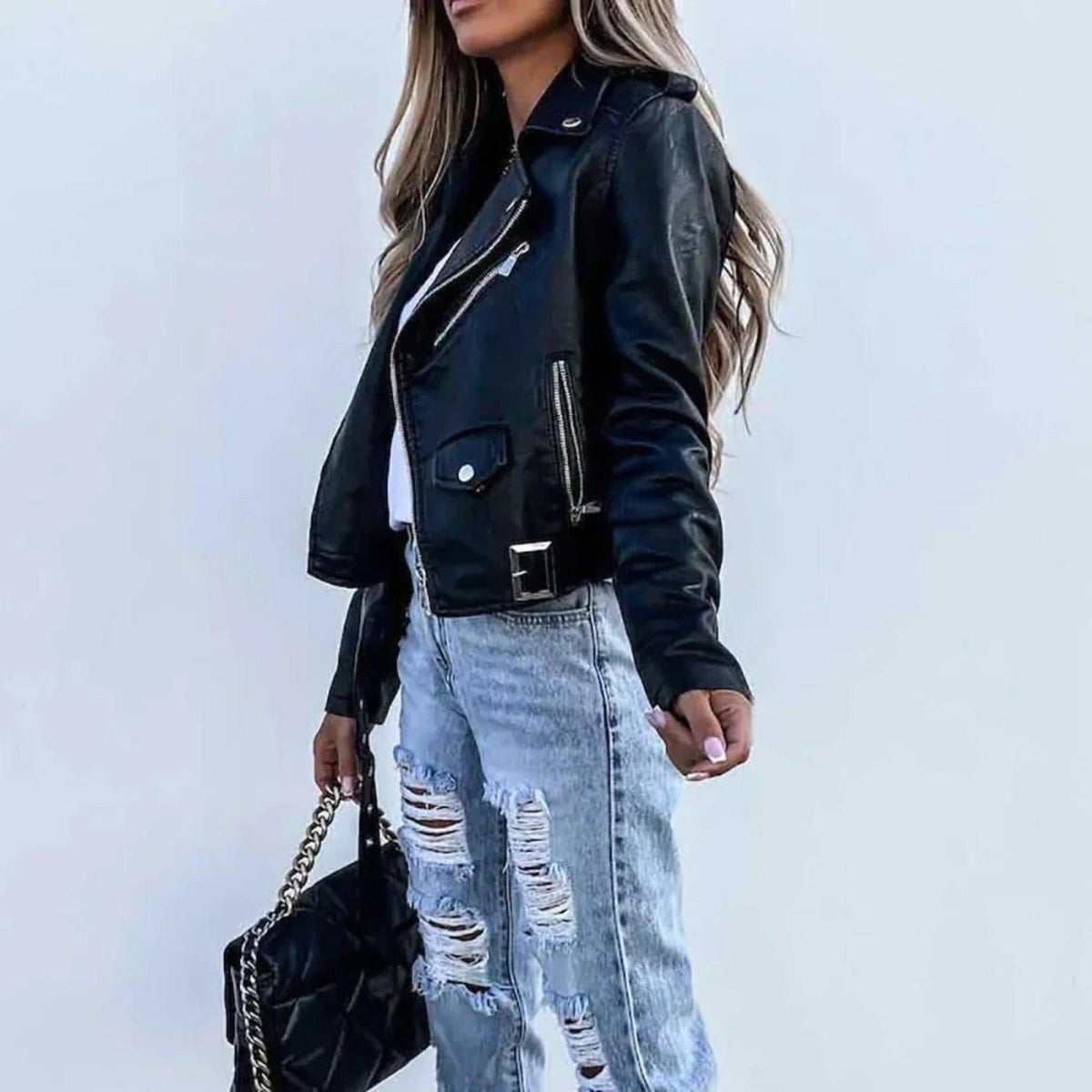 Asymmetric Zip Faux Leather Biker Jacket for Women 3