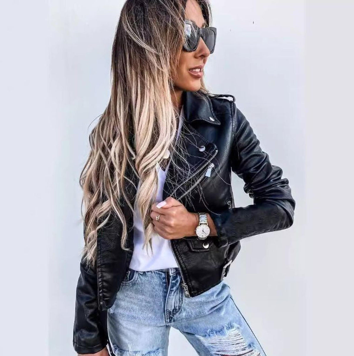 Asymmetric Zip Faux Leather Biker Jacket for Women-Biker Jackets-Glompi-Glompi