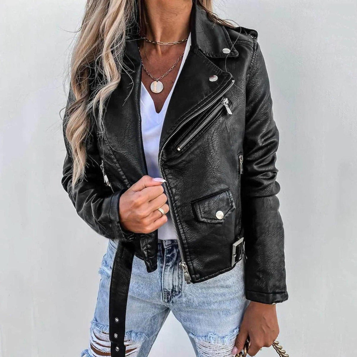 Asymmetric Zip Faux Leather Biker Jacket for Women 1