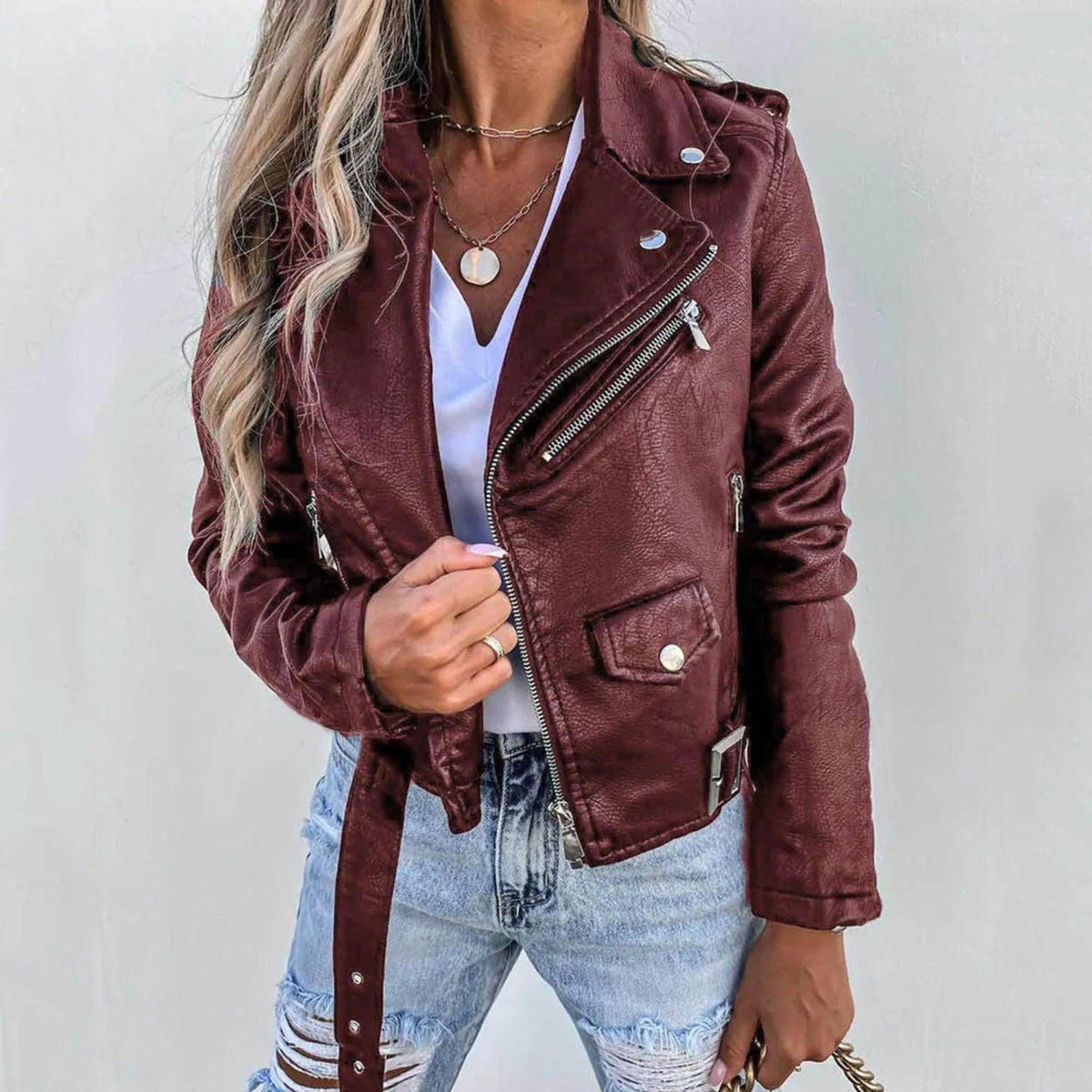 Asymmetric Zip Faux Leather Biker Jacket for Women 0