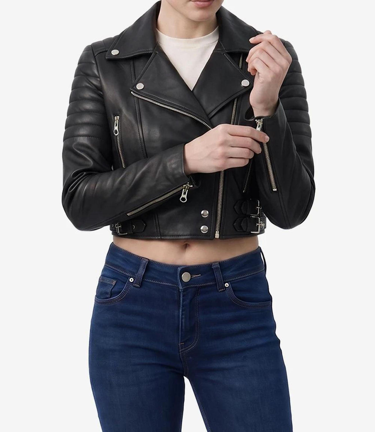 Asymmetrical Black Cropped Leather Biker Jacket-Leather Jackets-Glompi-Glompi