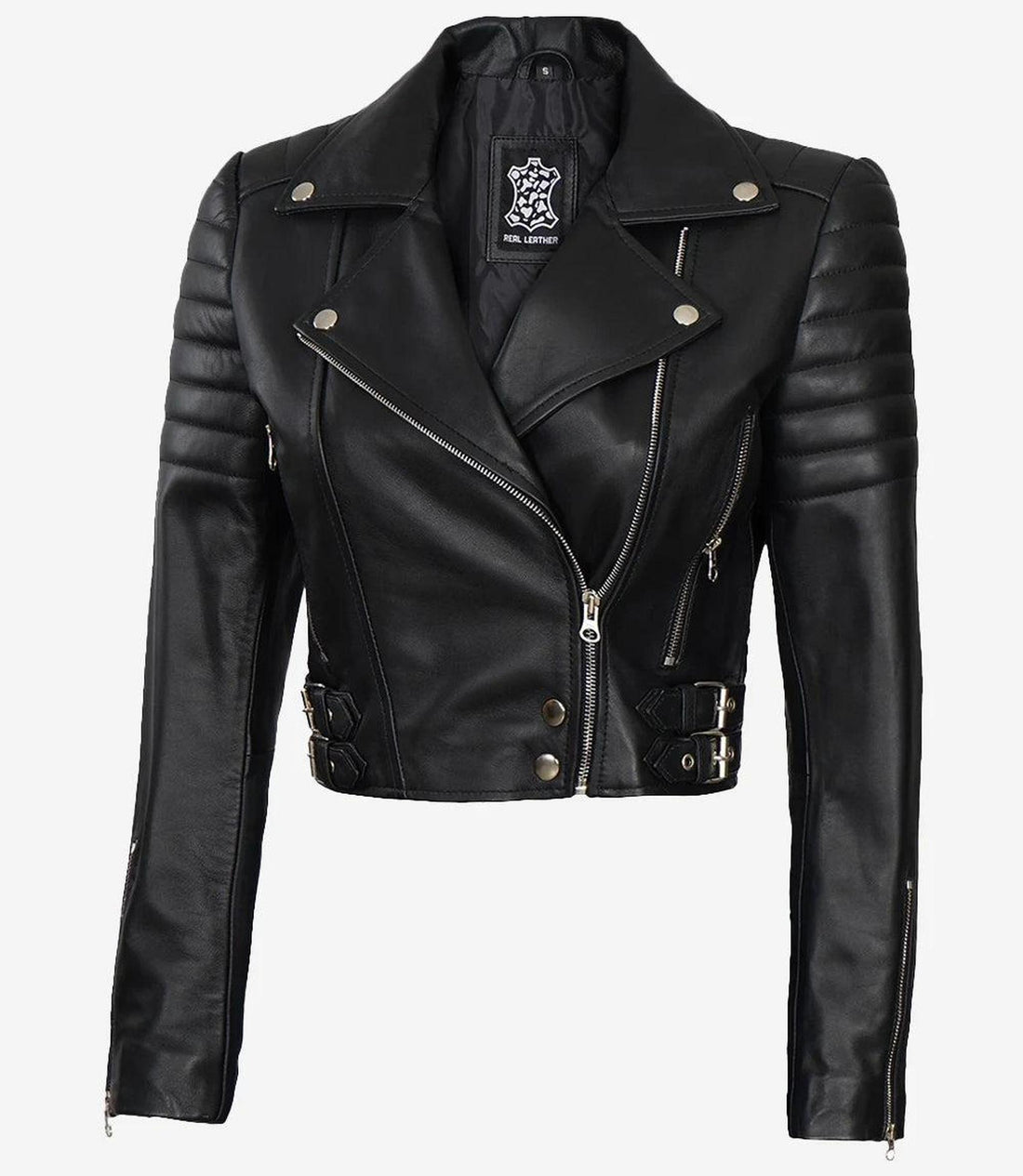 Asymmetrical Black Cropped Leather Biker Jacket-Leather Jackets-Glompi-XS-Glompi