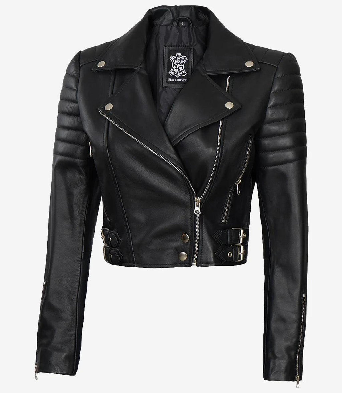 Asymmetrical Black Cropped Leather Biker Jacket-Leather Jackets-Glompi-XS-Glompi