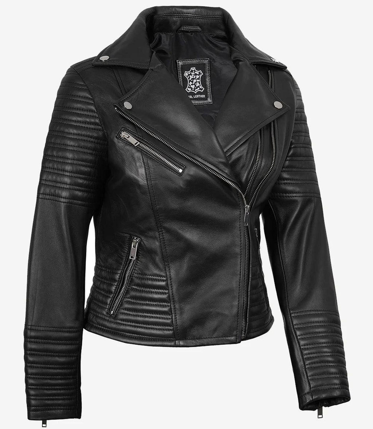 Asymmetrical Black Leather Biker Jacket for Women-Leather Jackets-Glompi-Glompi