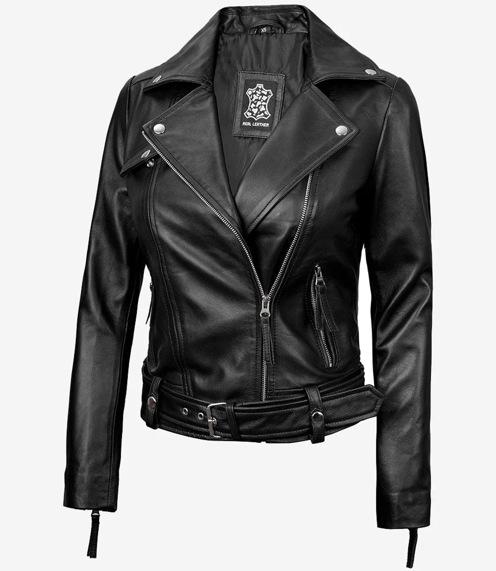 Asymmetrical Black Leather Biker Jacket for Women-Leather Jackets-Glompi-Glompi