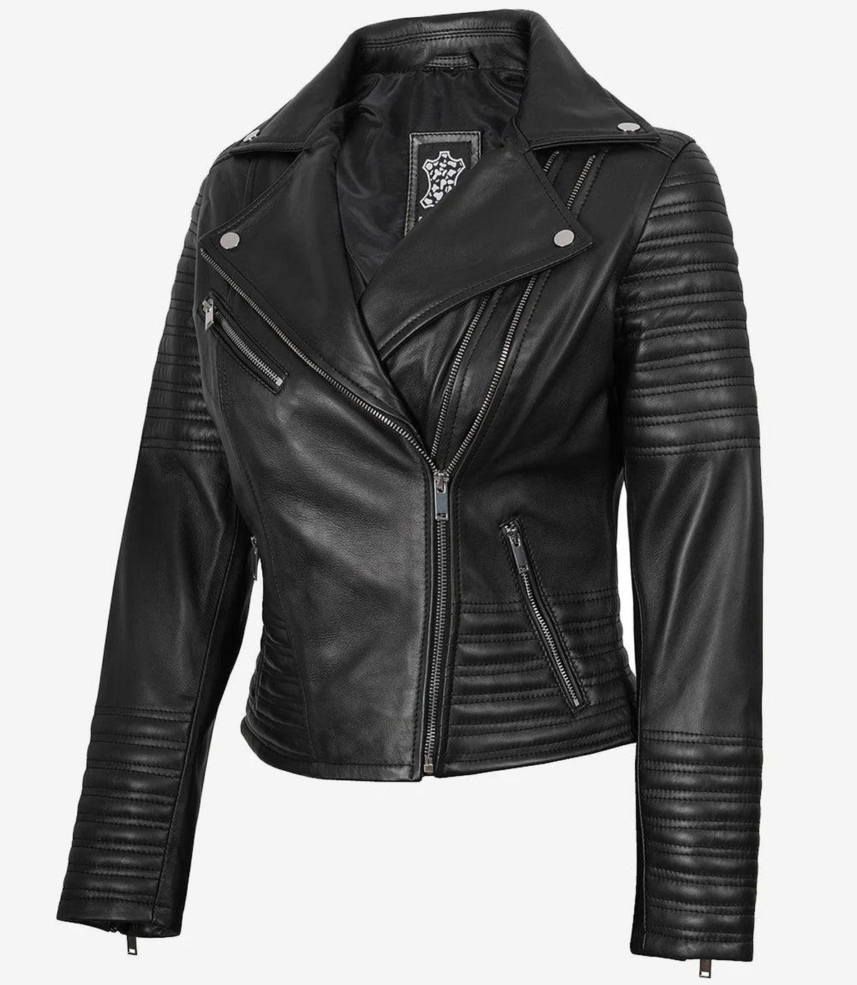 Asymmetrical Black Leather Biker Jacket for Women-Leather Jackets-Glompi-Glompi
