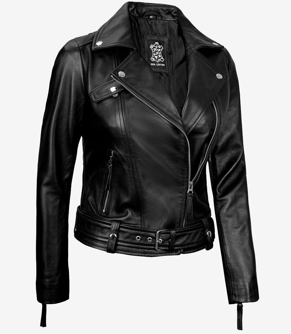 Asymmetrical Black Leather Biker Jacket for Women-Leather Jackets-Glompi-Glompi