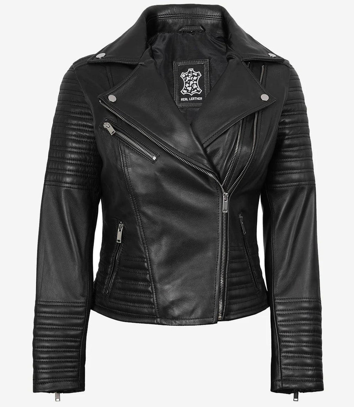 Asymmetrical Black Leather Biker Jacket for Women 2
