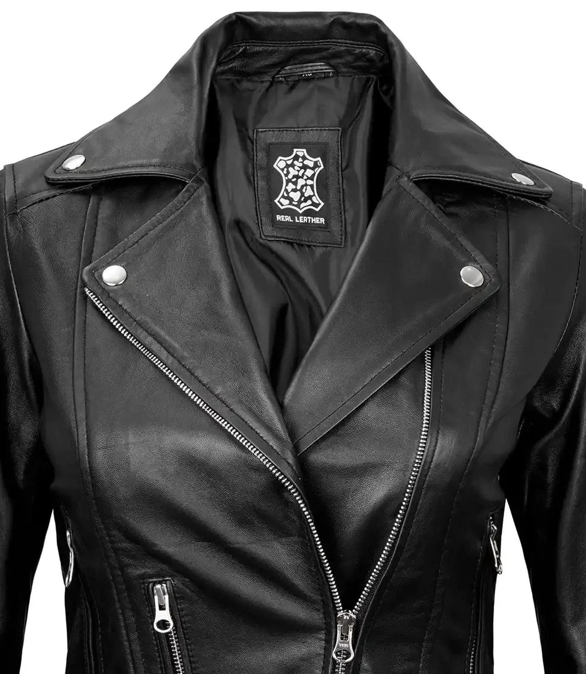 Asymmetrical Black Leather Biker Jacket with Belt-Bomber Jackets-Glompi-Glompi