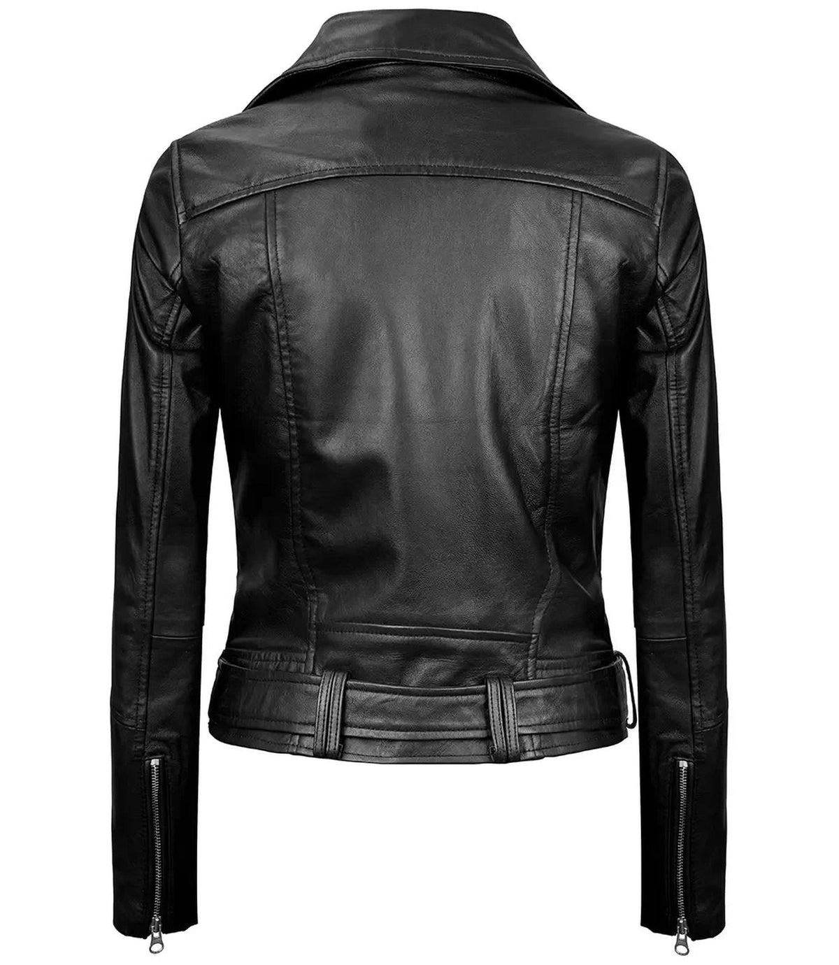 Asymmetrical Black Leather Biker Jacket with Belt-Bomber Jackets-Glompi-Glompi
