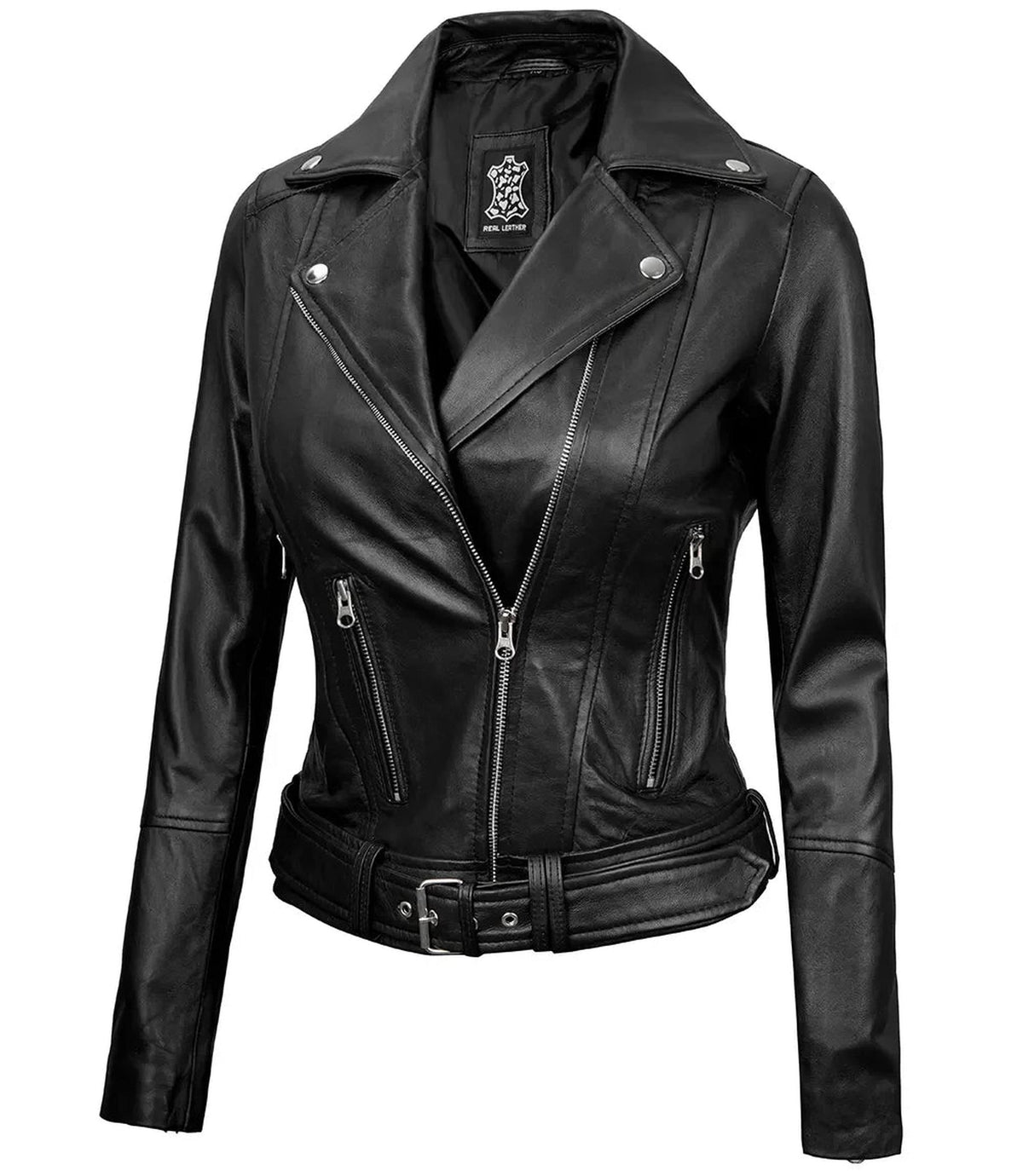 Asymmetrical Black Leather Biker Jacket with Belt-Bomber Jackets-Glompi-Glompi