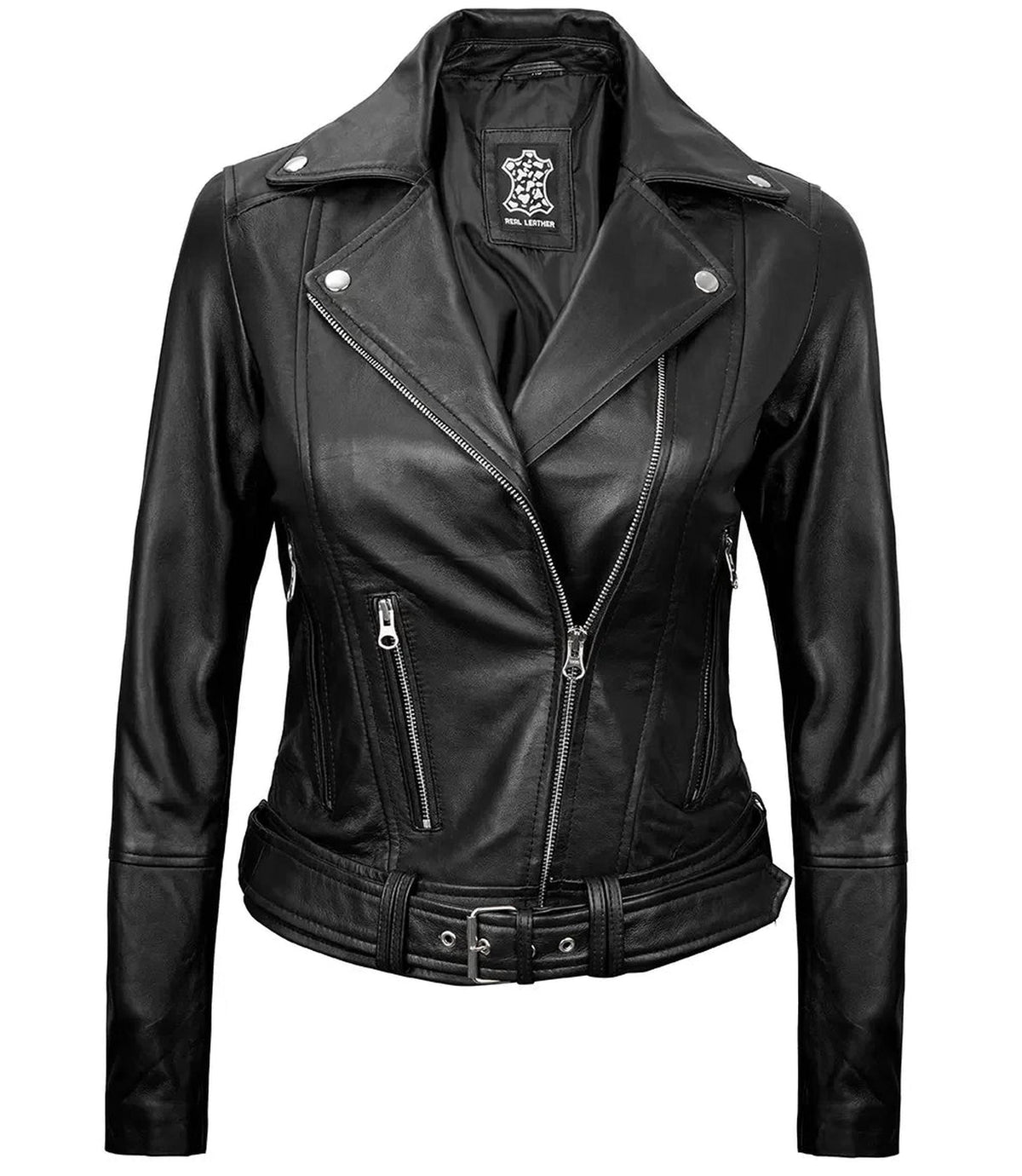 Asymmetrical Black Leather Biker Jacket with Belt-Bomber Jackets-Glompi-Glompi