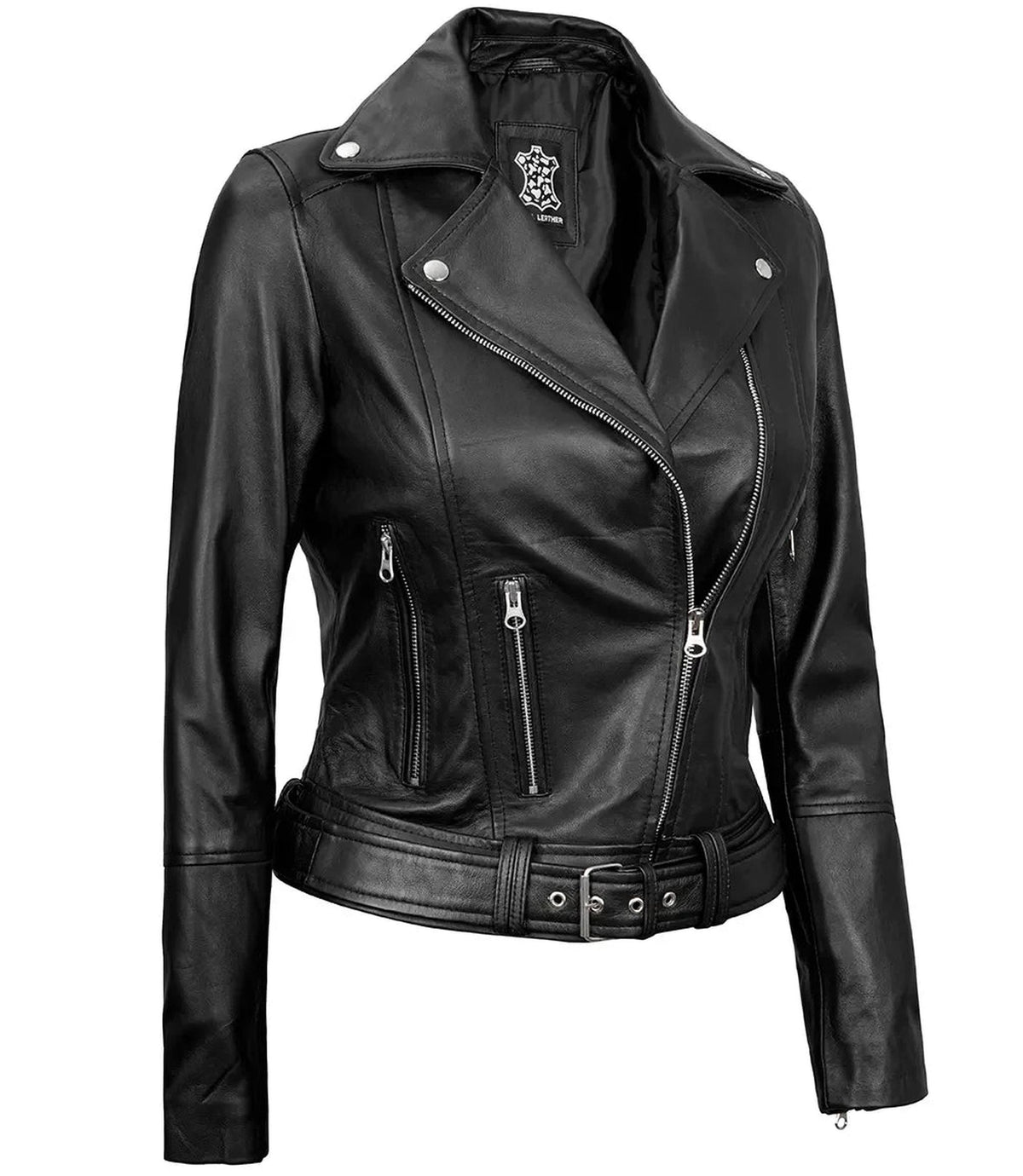 Asymmetrical Black Leather Biker Jacket with Belt-Bomber Jackets-Glompi-Glompi