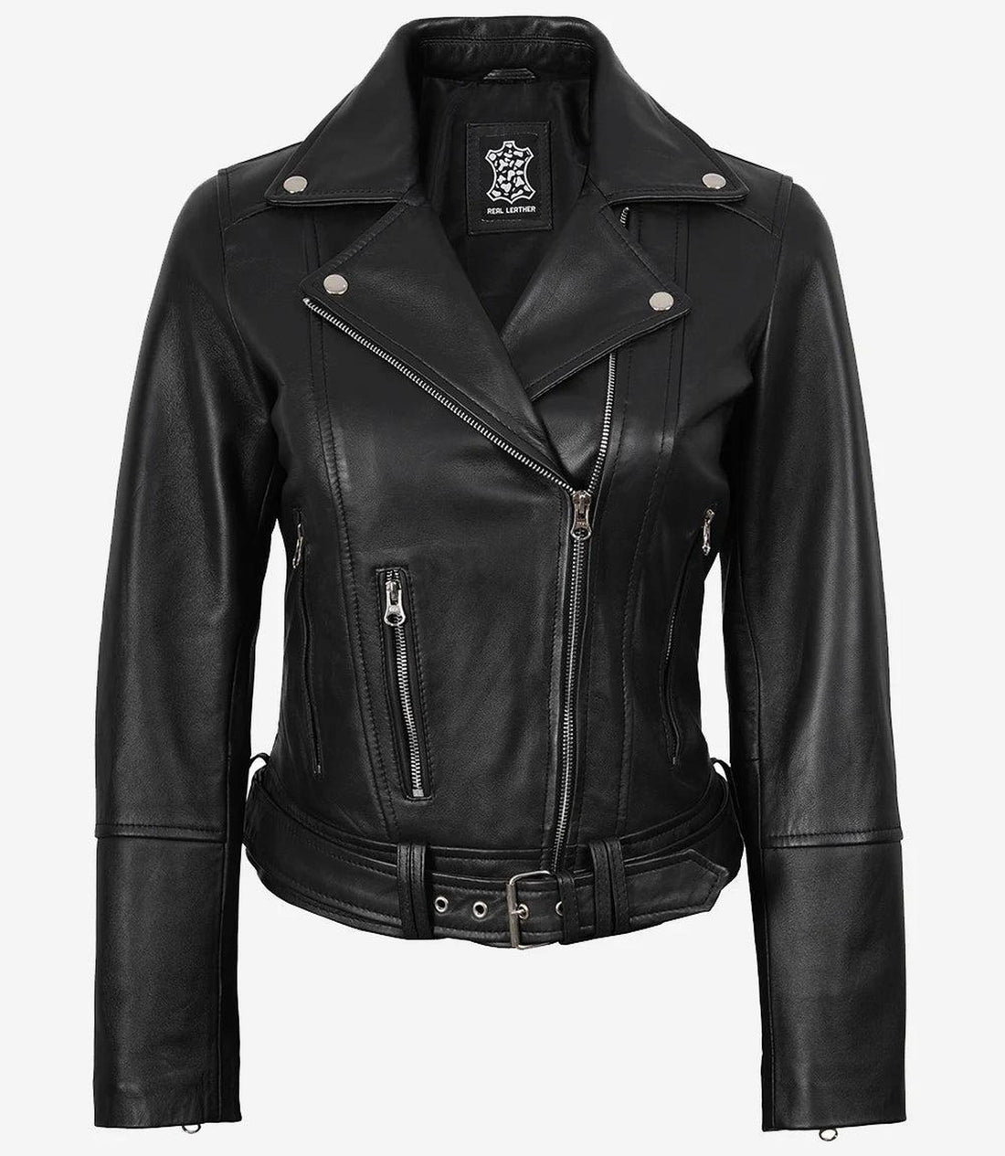 Asymmetrical Black Leather Biker Jacket with Belt 2