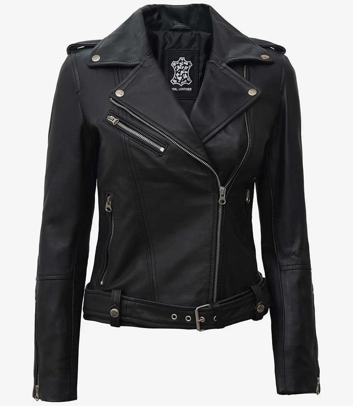 Asymmetrical Black Leather Biker Jacket with Belt-Leather Jackets-Glompi-Glompi