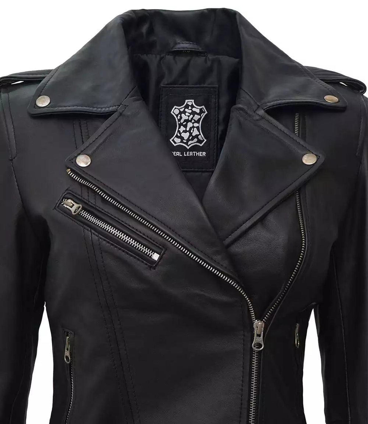 Asymmetrical Black Leather Biker Jacket with Belt-Leather Jackets-Glompi-Glompi