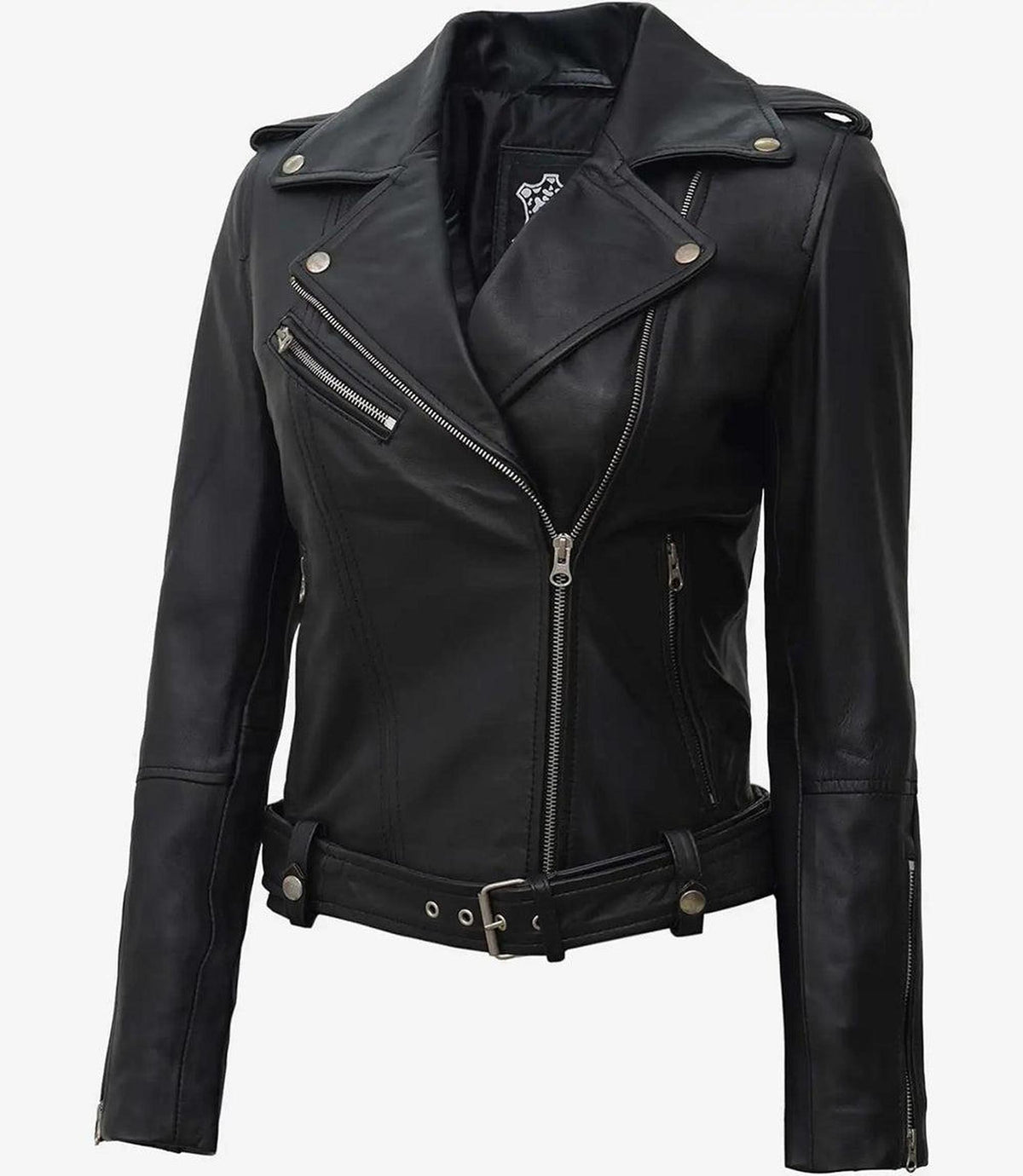 Asymmetrical Black Leather Biker Jacket with Belt-Leather Jackets-Glompi-M-Glompi