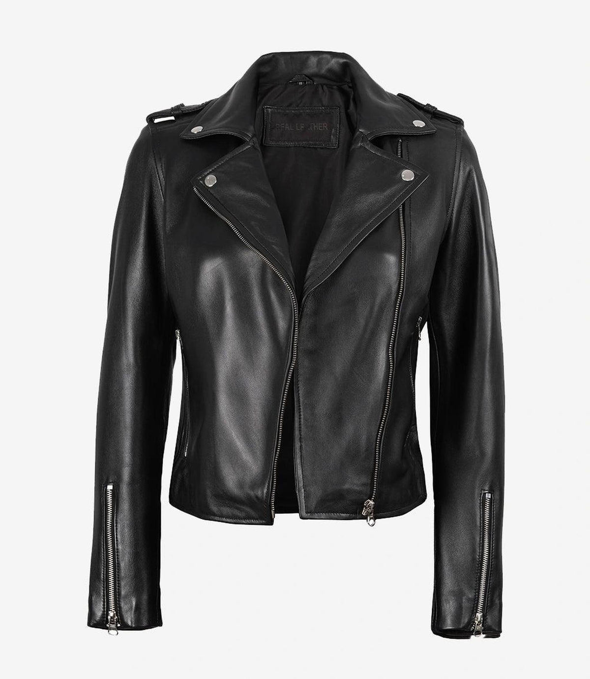 Asymmetrical Black Leather Jacket for Women-Leather Jackets-Glompi-Glompi