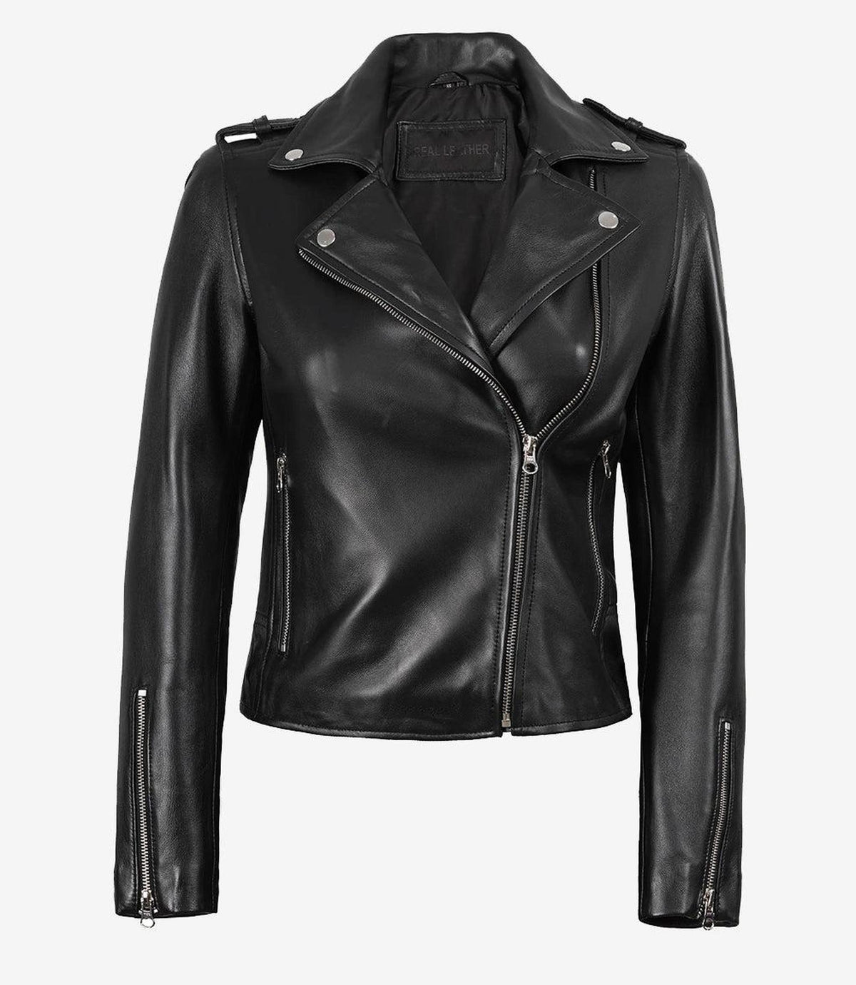 Asymmetrical Black Leather Jacket for Women-Leather Jackets-Glompi-Glompi