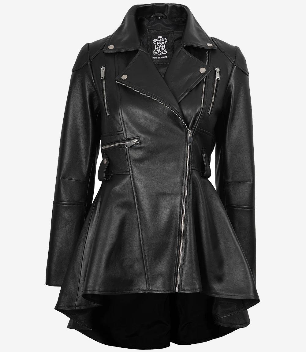 Asymmetrical Black Leather Jacket for Women with Peplum Waist-Leather Jackets-Glompi-Glompi