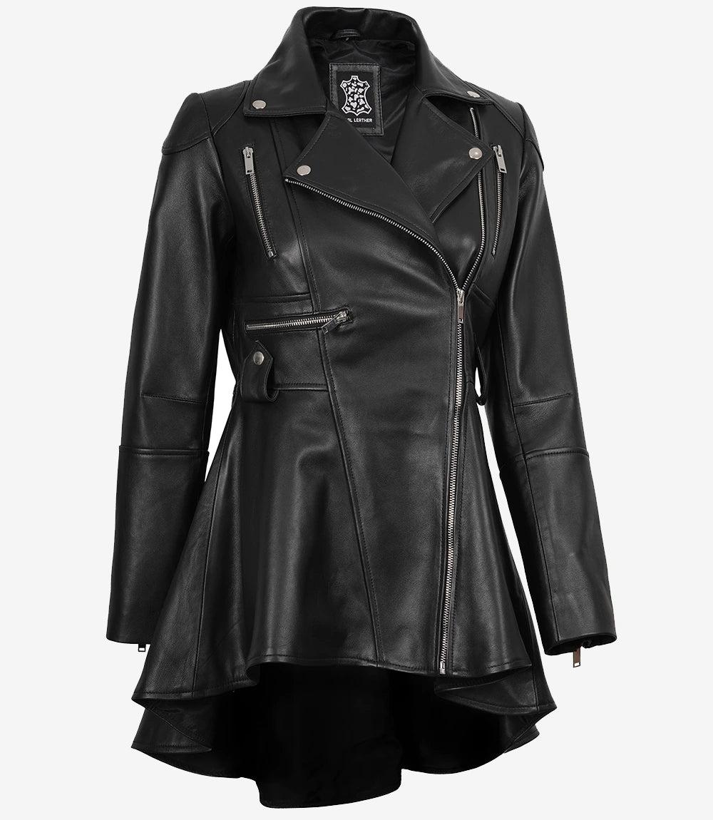 Asymmetrical Black Leather Jacket for Women with Peplum Waist-Leather Jackets-Glompi-Glompi