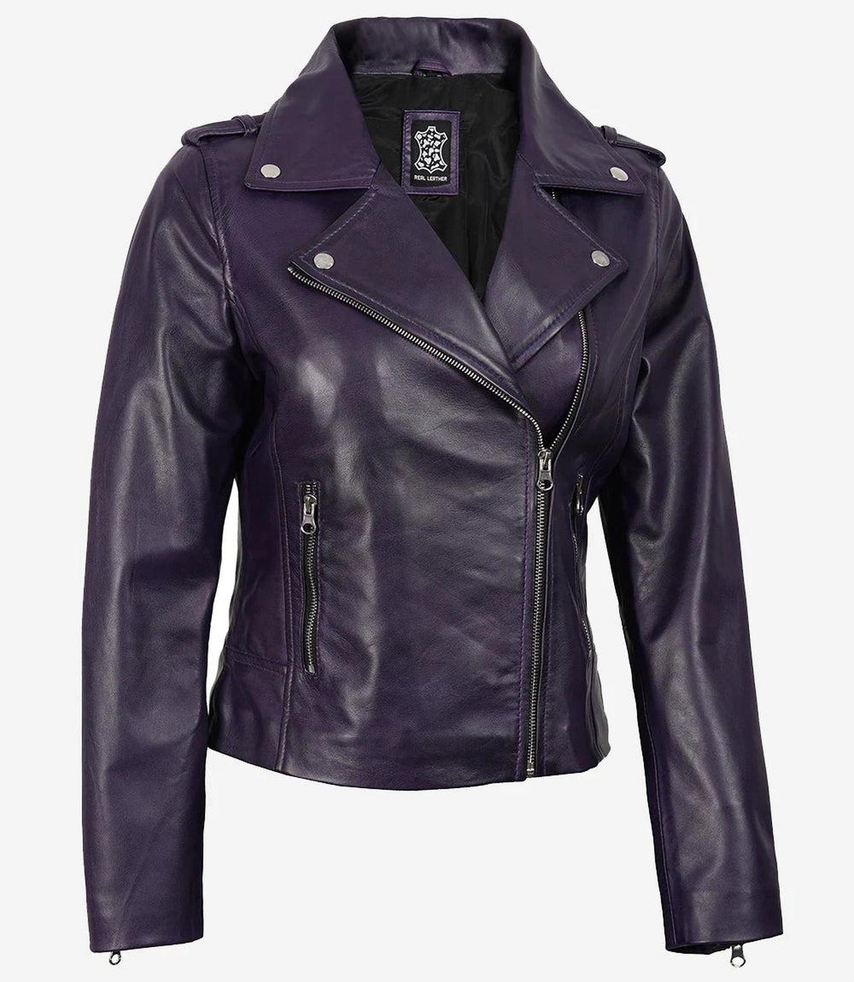 Asymmetrical Purple Leather Biker Jacket for Women 3