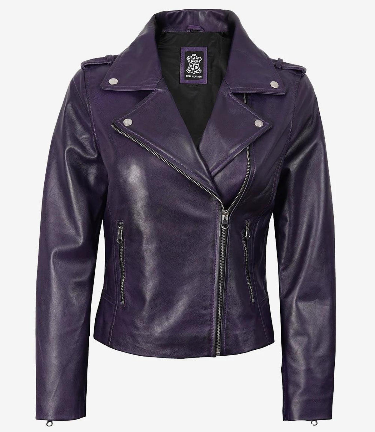 Asymmetrical Purple Leather Biker Jacket for Women 2