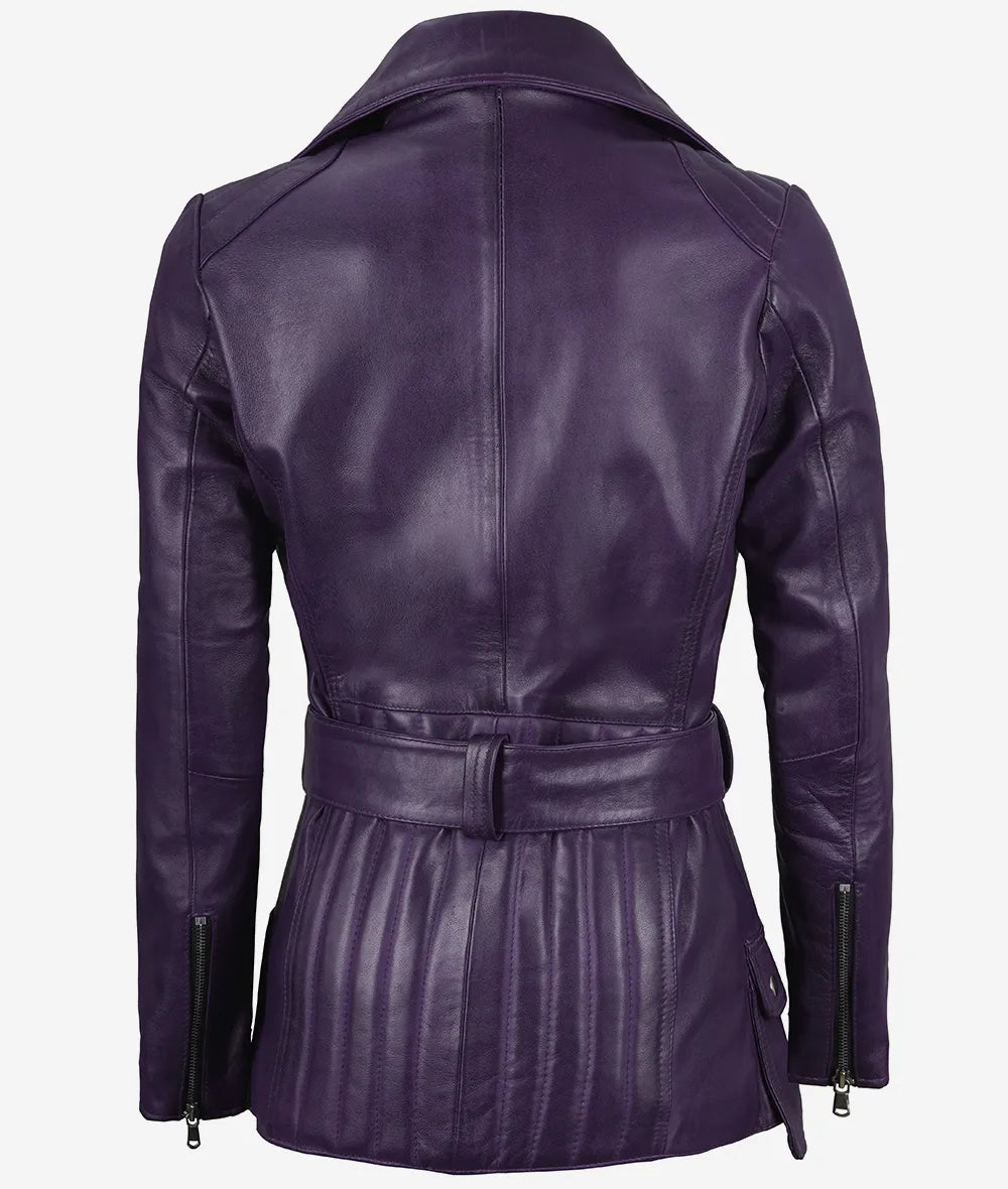 Asymmetrical Purple Leather Jacket for Women with Belt-Leather Jackets-Glompi-Glompi