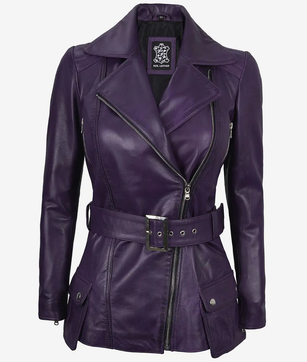 Asymmetrical Purple Leather Jacket for Women with Belt-Leather Jackets-Glompi-Glompi