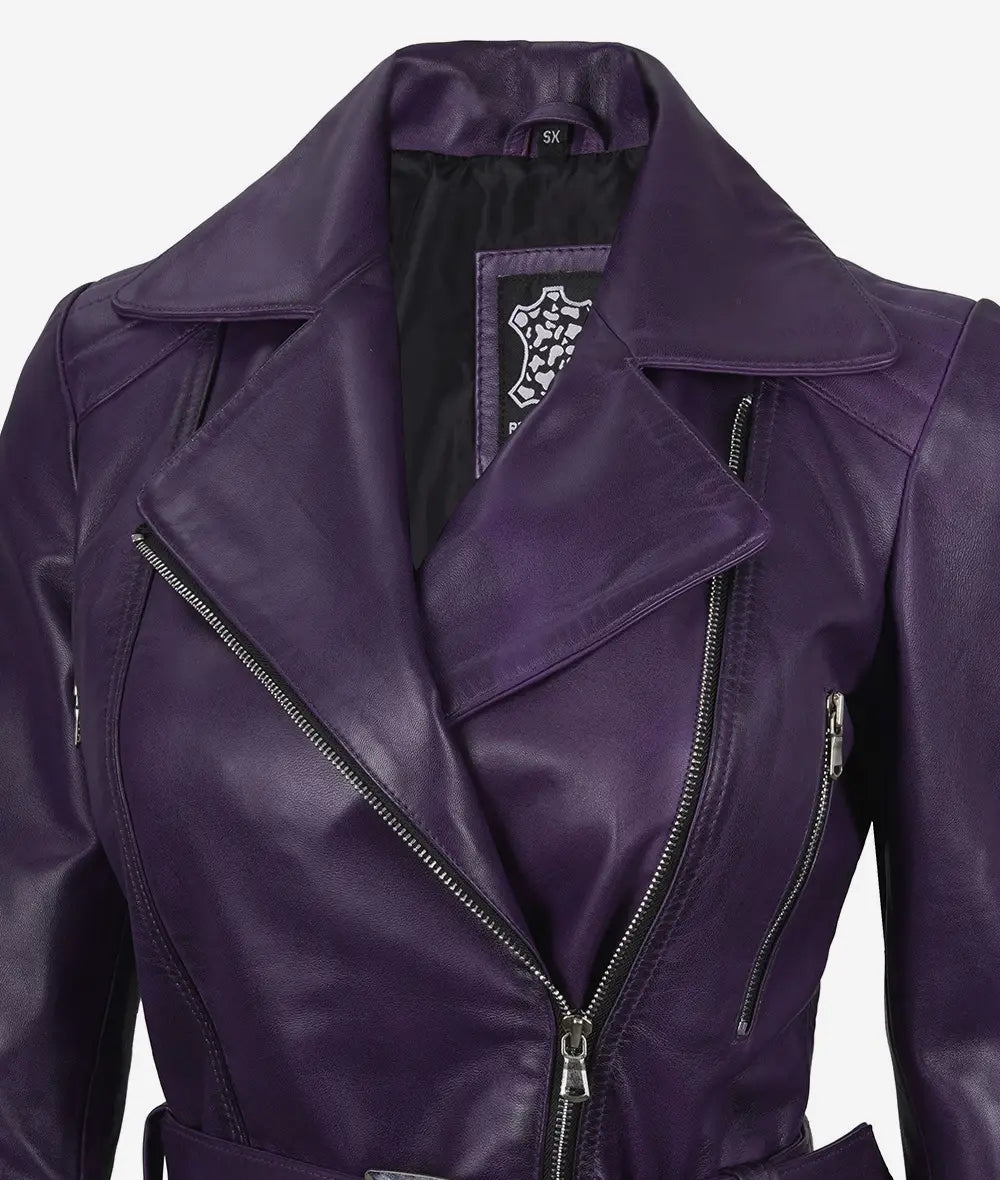 Asymmetrical Purple Leather Jacket for Women with Belt-Leather Jackets-Glompi-Glompi